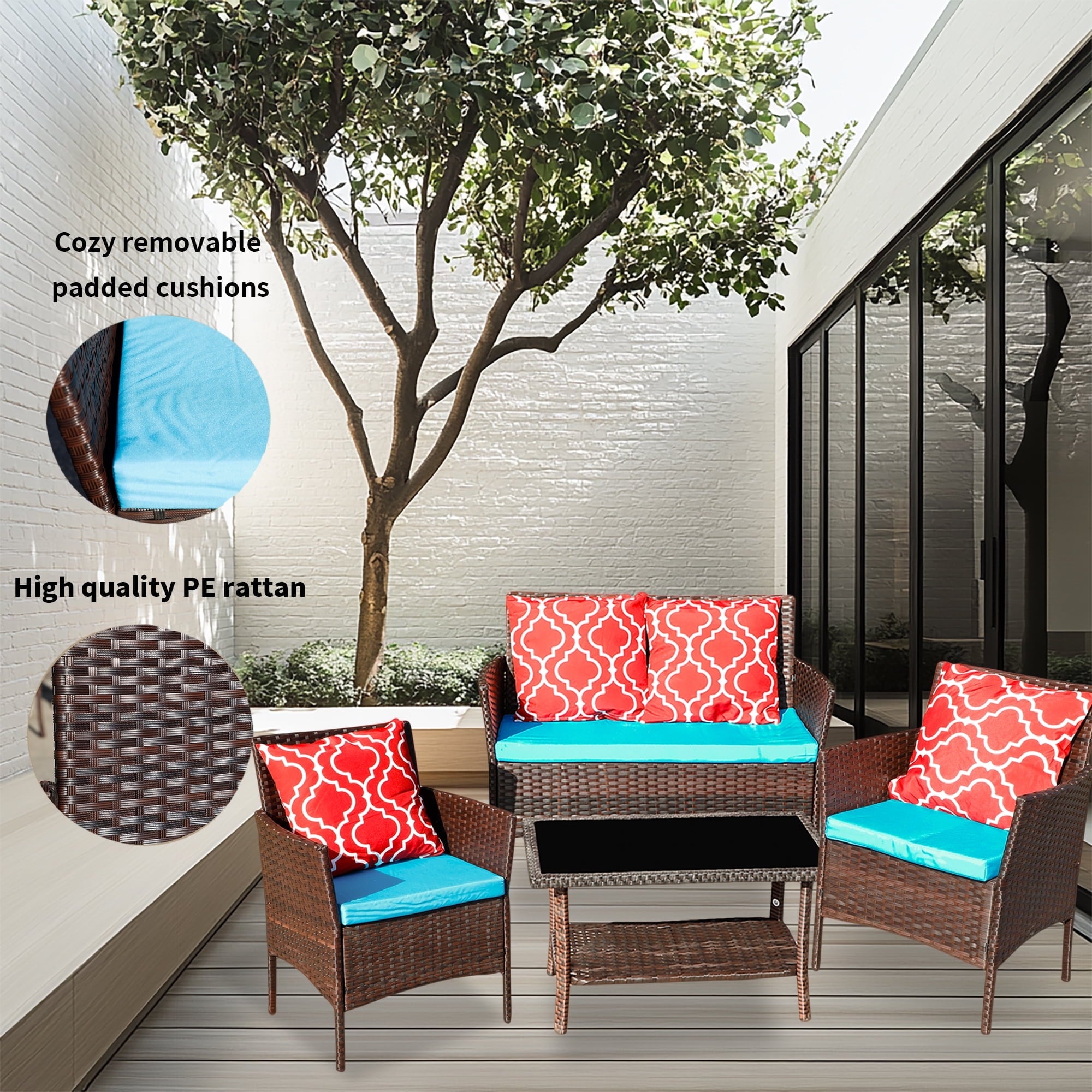 Furnibear Patio Furniture Set, 4 Pieces Outdoor Rattan Chair Wicker Sofa Garden Conversation Bistro Sets for Yard,Pool or Backyard