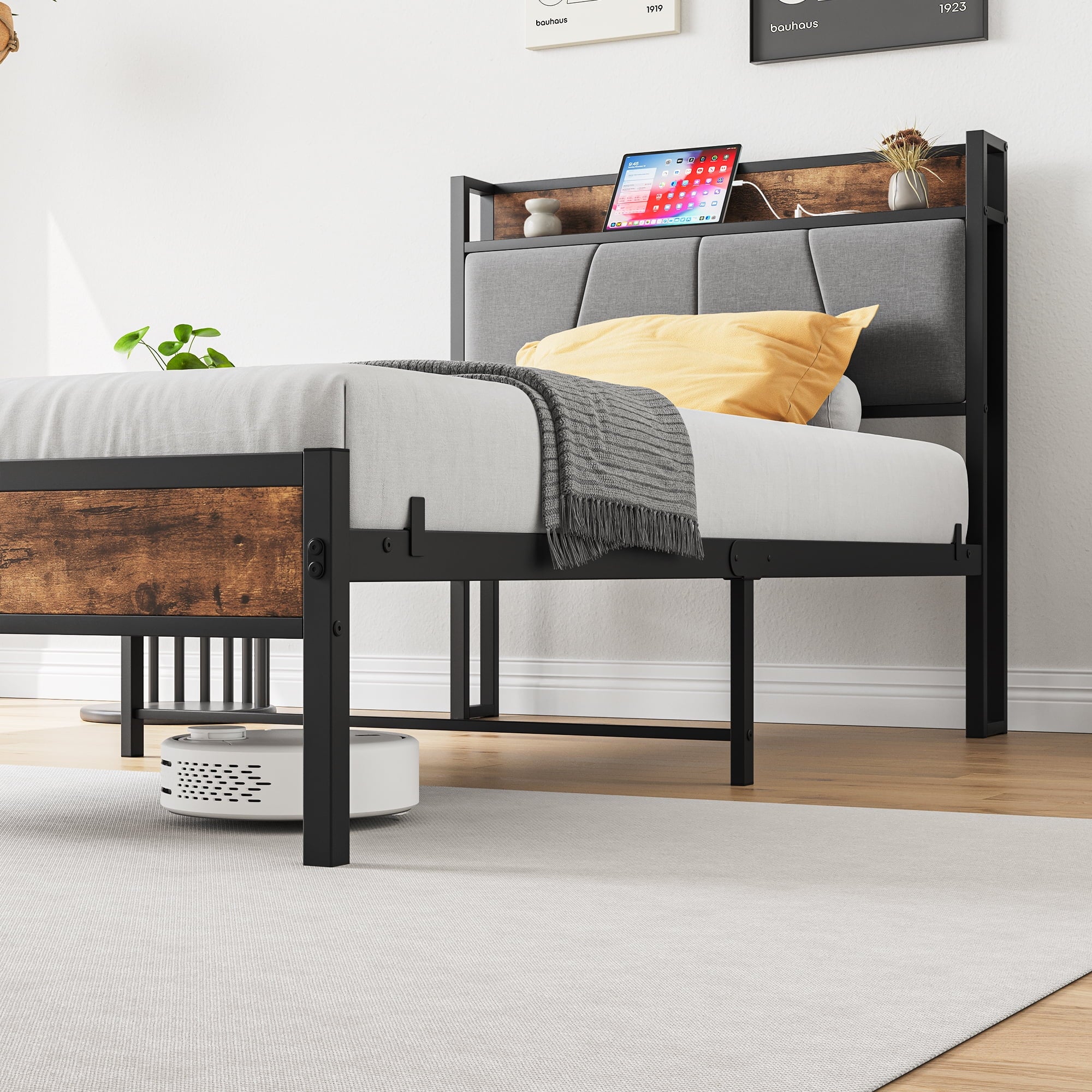 Furnibear TWIN SIZE Bed Frame with Storage Headboard and USB Charging Station, Sturdy Shake-Free Platform, No Box Spring Needed, Easy Tool-Free Assembly