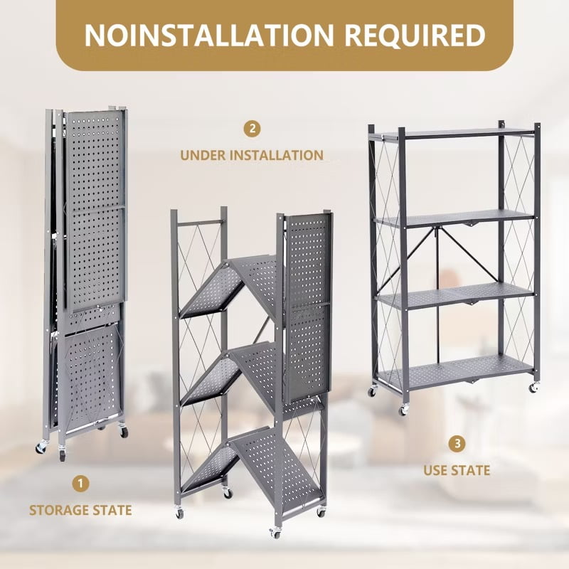 Furnibear Storage Shelves, 4-Shelf Foldable Metal Shelving Units with Wheels for Garage Kitchen Bakers,Collapsible Organizer Rack,Gray