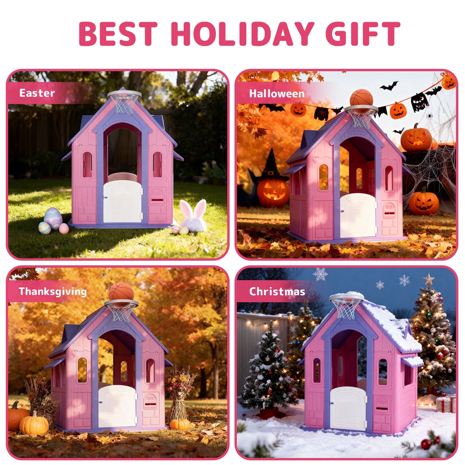 Furnibear Kids Playhouse Indoor Outdoor Slide Football Basketball Ring Toss Play House for Girls Boys Kids 2-8 Years Old