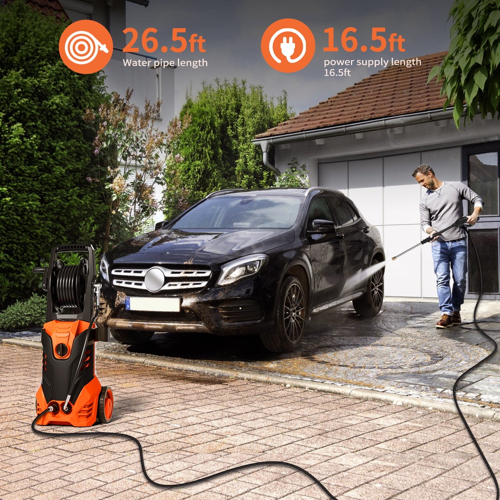 Furnibear 3800 PSI Electric Pressure Washer - Lightweight with Wheels, Easy to Assemble, 2.0GPM, Includes 5 Nozzles for Cars, Fences, Driveways, Orange