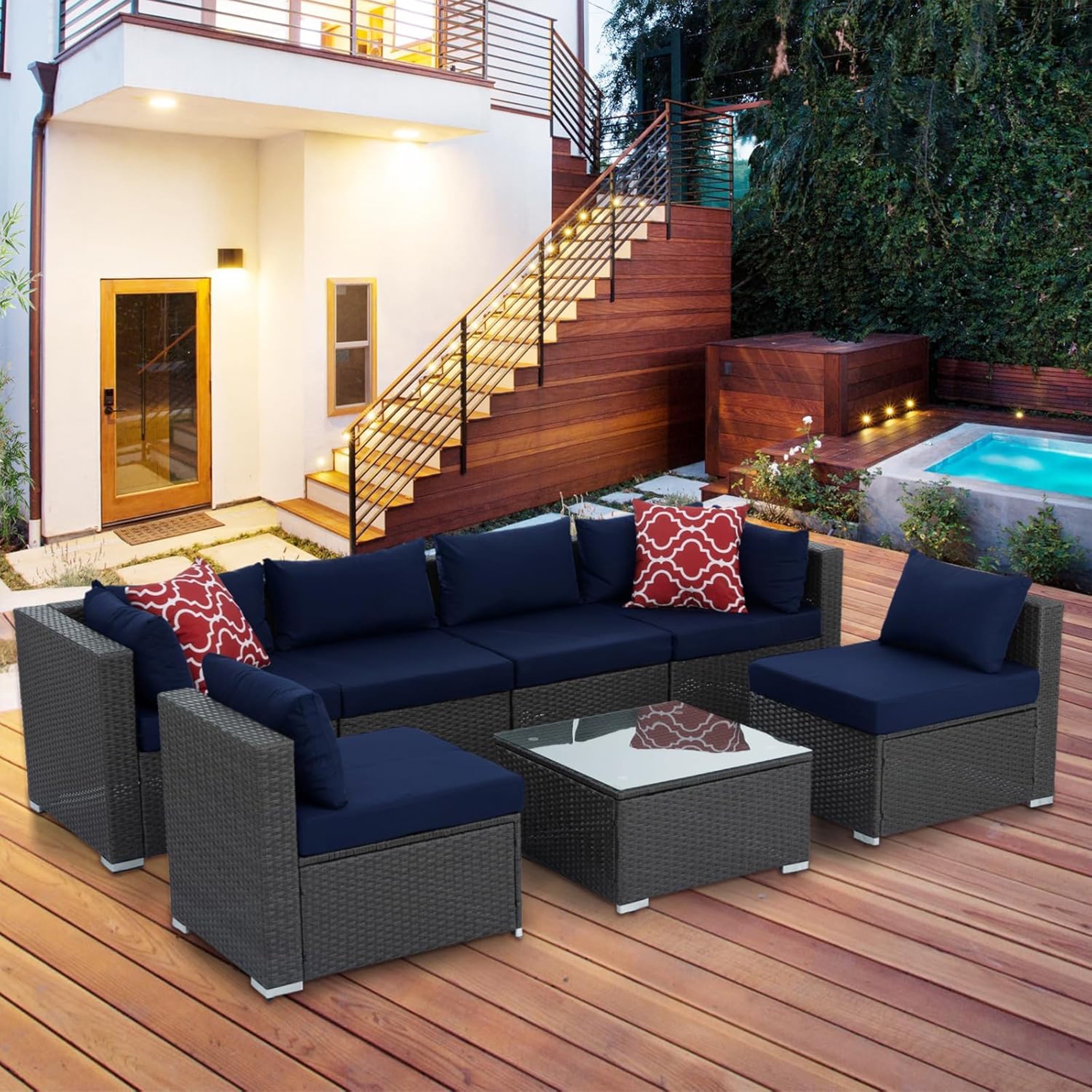 Furnibear 7 Pieces Outdoor Patio Sectional Sofa Couch, Black Wicker Patio Furniture Conversation Sets with Washable Cushions and Glass Coffee Table for Garden, Poolside, Backyard