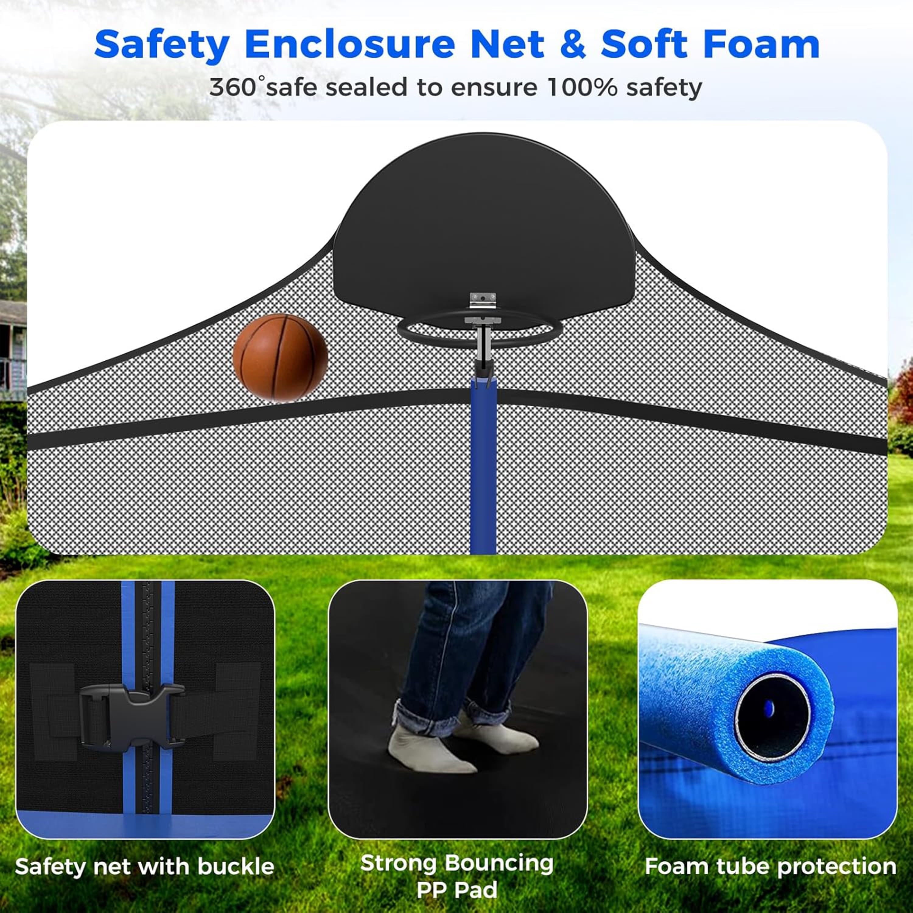 Furnibear 1300 LBS 14 FT Trampoline for Kids and Adults, Heavy-Duty Recreational Outdoor Trampoline with Basketball Hoop and Safety Enclosure Net
