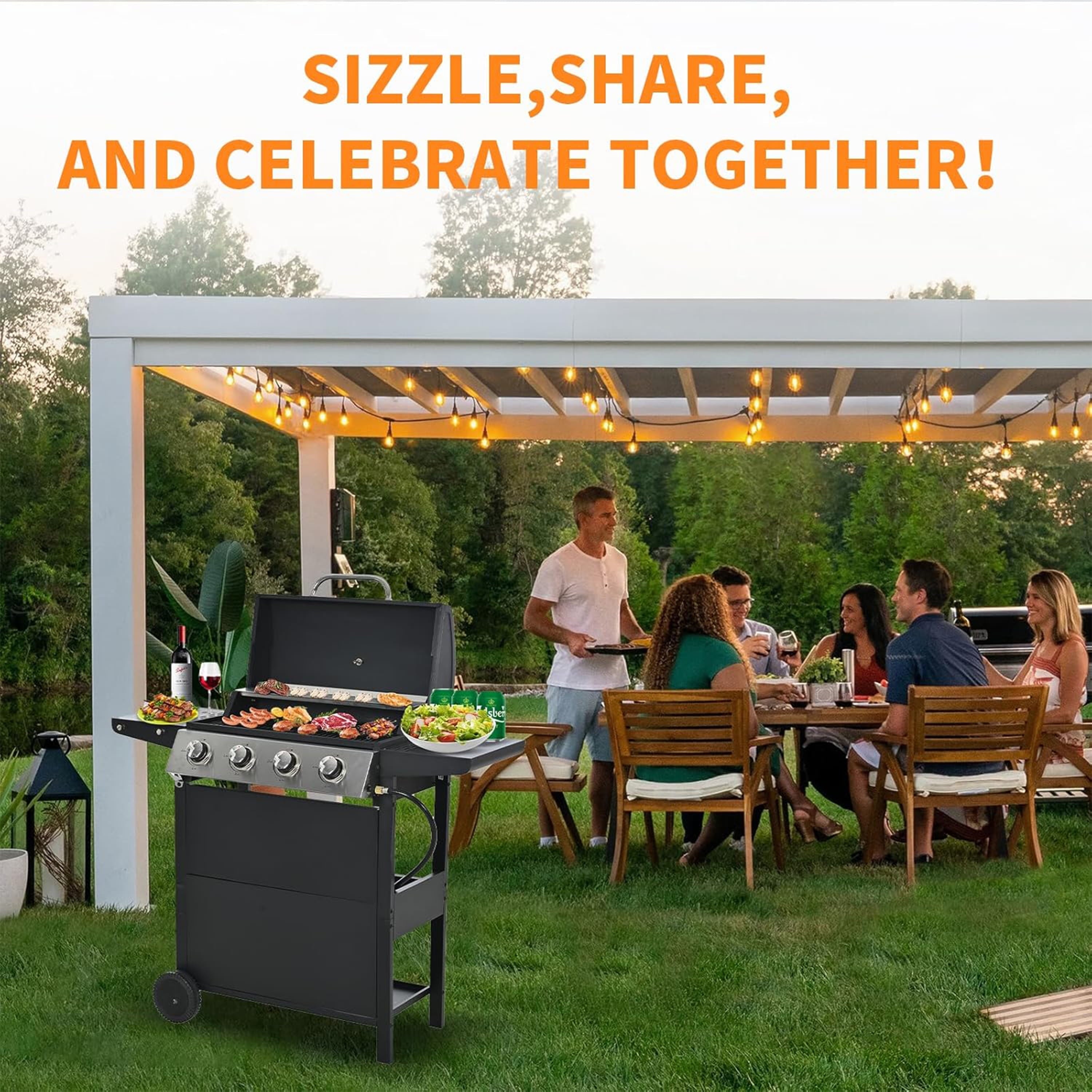 Furnibear 4 Burner BBQ Propane Gas Grill, Stainless Steel 34,000 BTU Patio Garden Barbecue Grill with Two Foldable Shelves