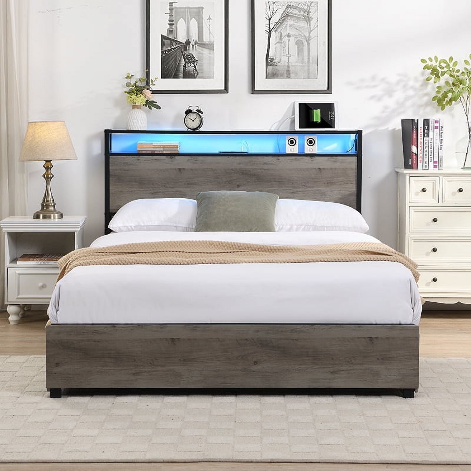Furnibear Queen Bed Frame with USB Charging Station and Storage Headboard, Heavy-Duty Shake-Free Platform, No Box Spring Needed, Easy Tool-Free Assembly, Gray