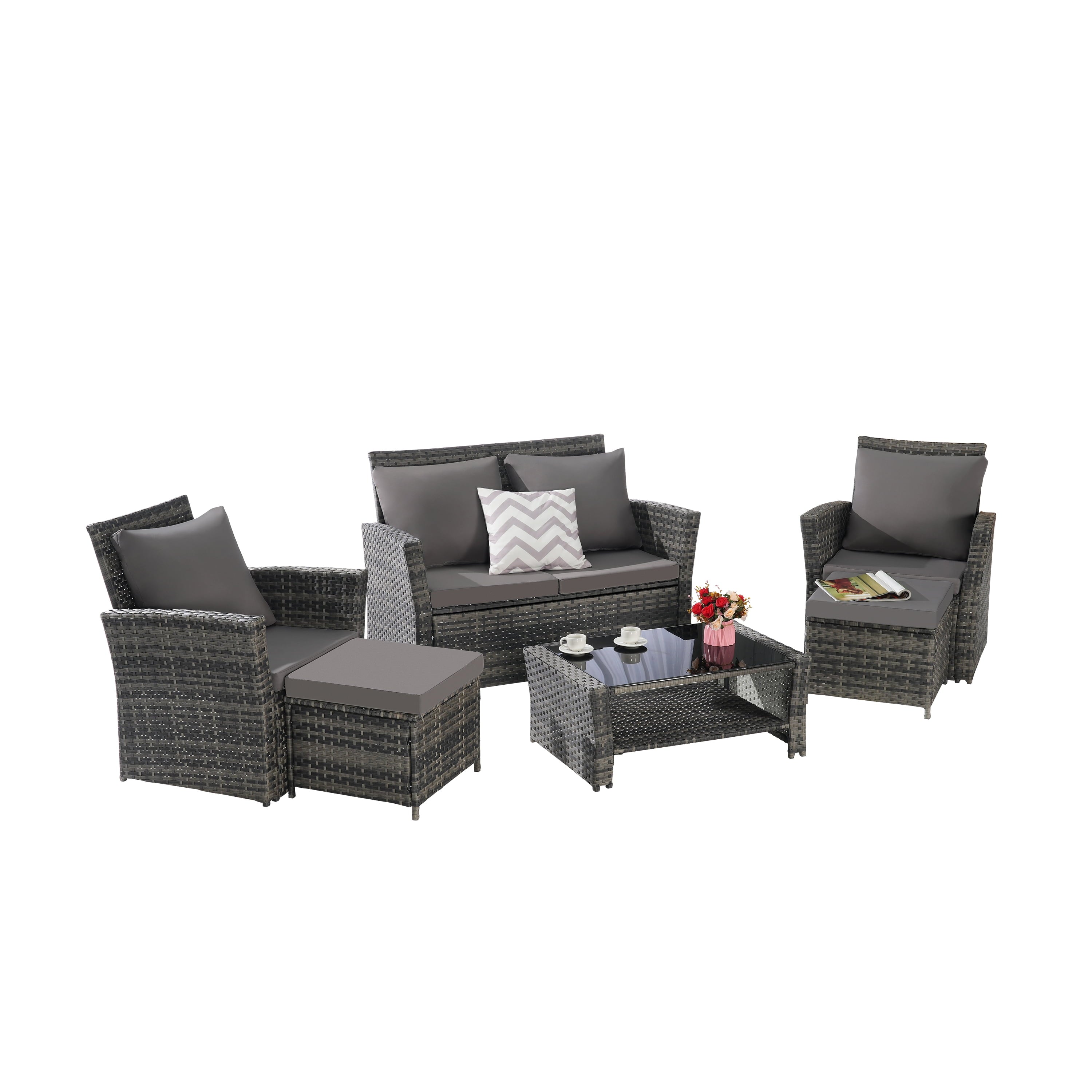 Furnibear 6 Piece Patio Furniture Sets, Rattan Wicker Outdoor Conversation Set with Ottoman and Tempered Glass Coffee Table
