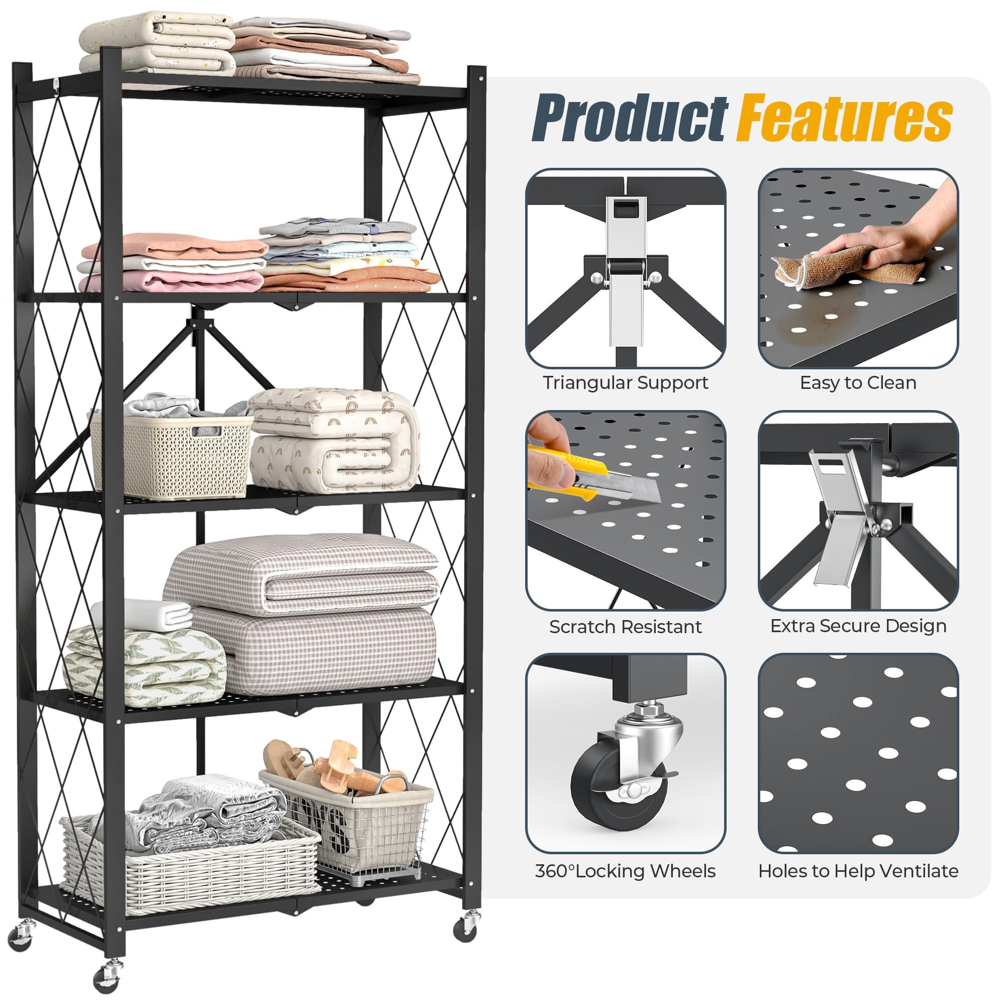 Furnibear 5-Tier Folding Storage Shelves with Wheels, Foldable Metal Rack, Collapsible Shelves for Garage, Kitchen, Basement, Black