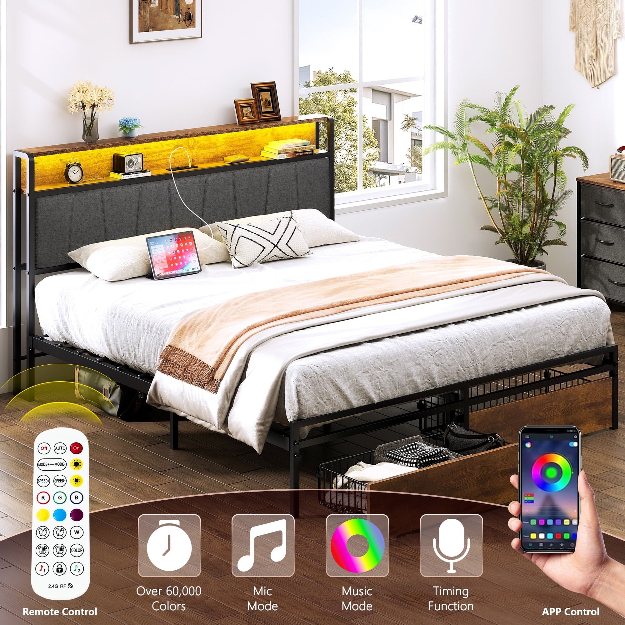 Furnibear Queen Bed Frame with Upholstered Storage Headboard and Drawers, LED Platform Bed with Charging Station, No Box Spring Needed