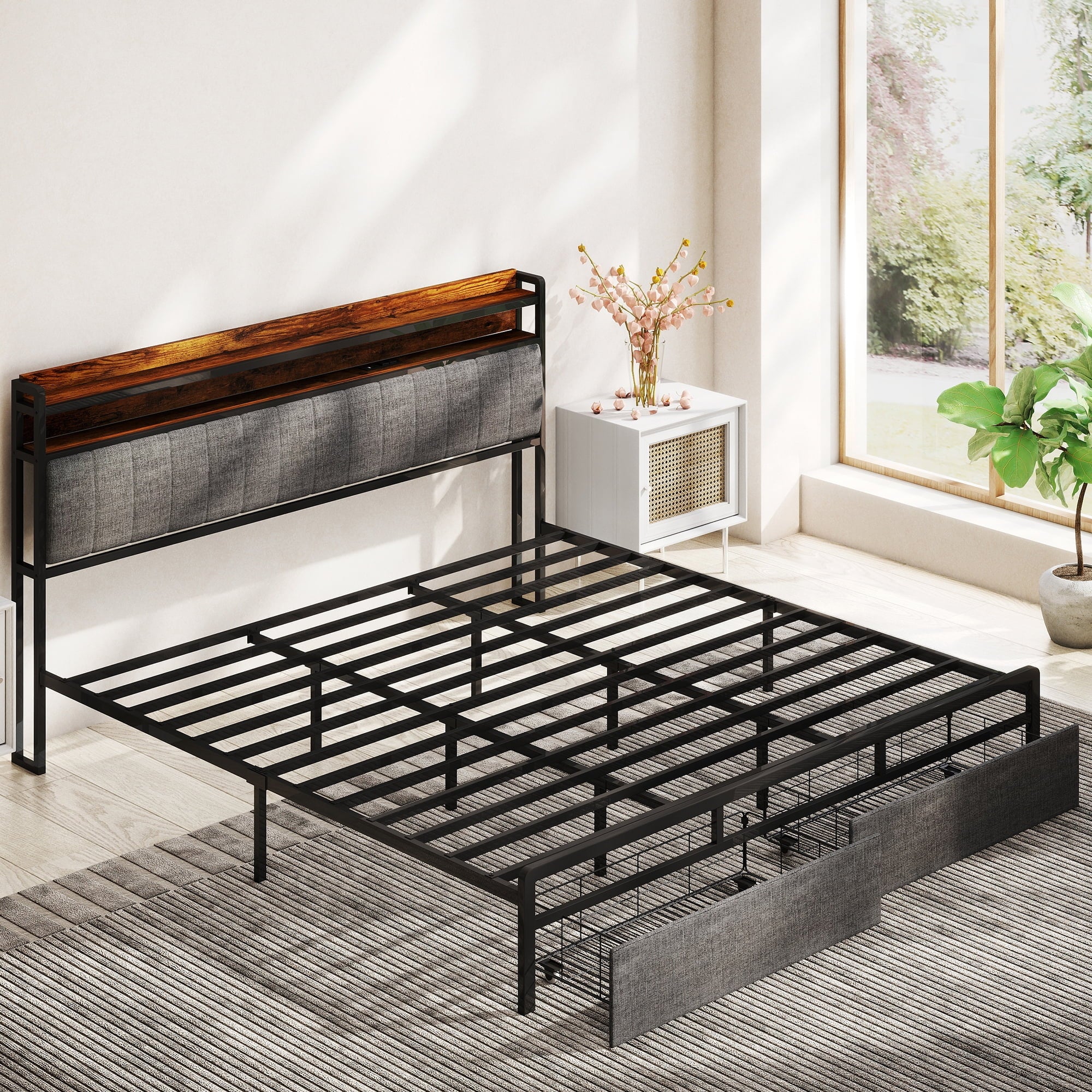 Furnibear LED Queen Bed Frame with Upholstered Storage Headboard and D