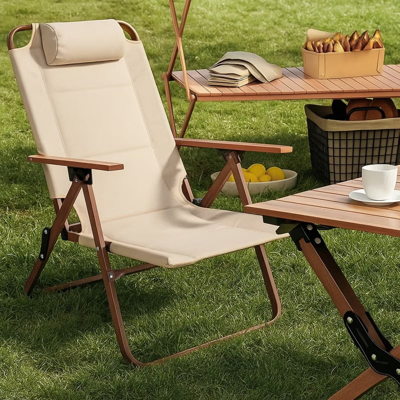 Furnibear Folding Lounge Chair 3-Position Adjustable Recline Camping Chair with Wood-Grain Armrests