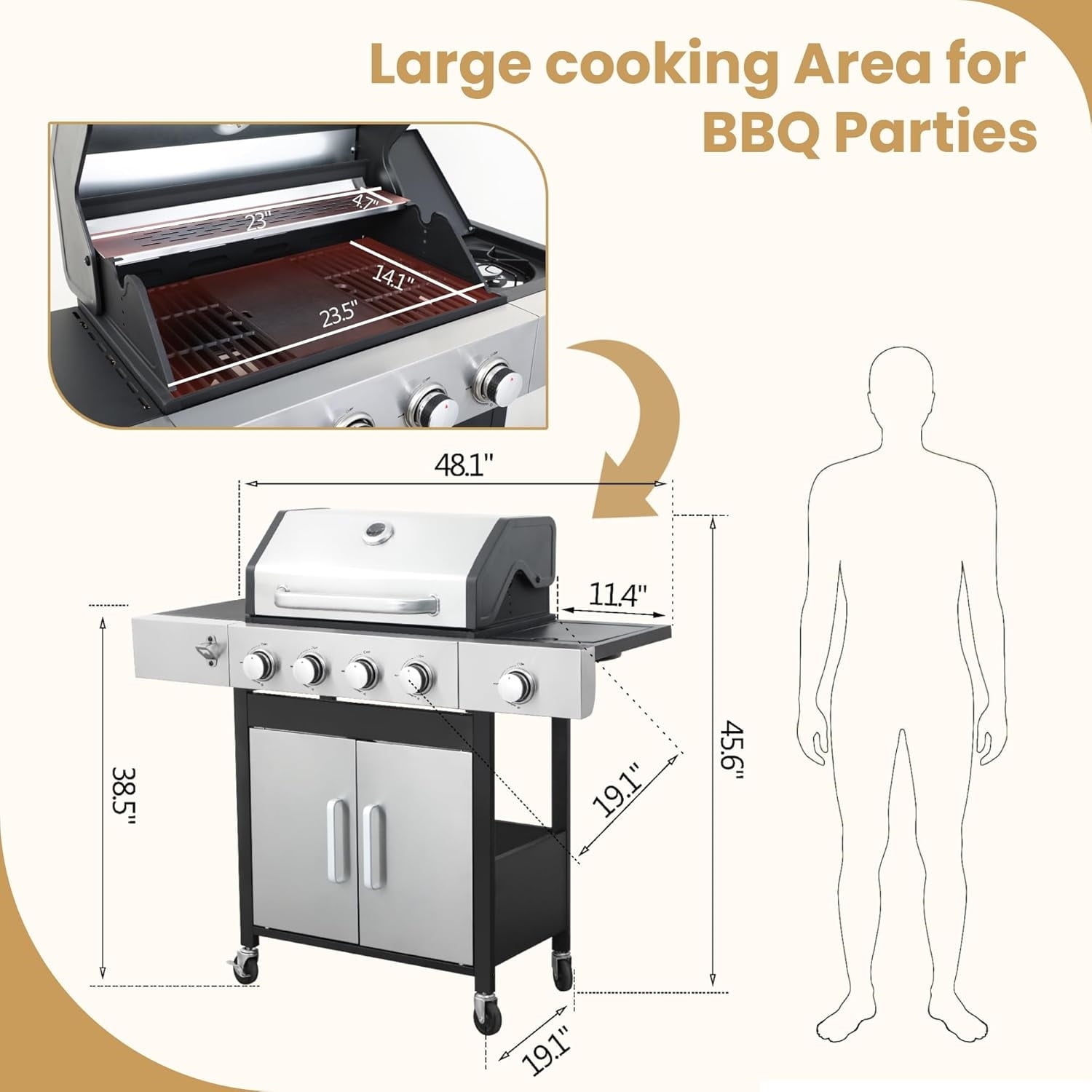 Furnibear 4-Burner Gas Grill Side Burner, Propane Stainless Steel BBQ Grill with Porcelain-Enameled Cast Iron Grates, 46790 BTU Barbecue Grill for Outdoor Cooking