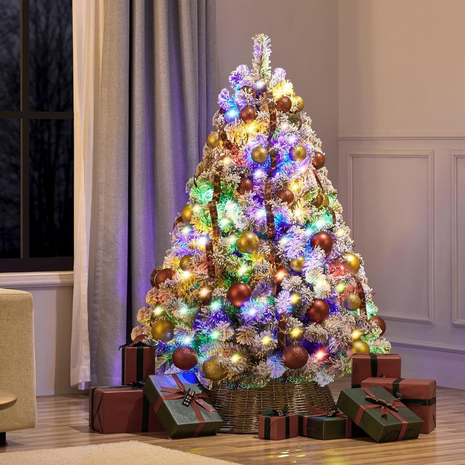 Furnibear 6ft Pre-Lit Flocked Christmas Tree, 1000 Tips with 250 Color Changing Lights & Auto Fluff