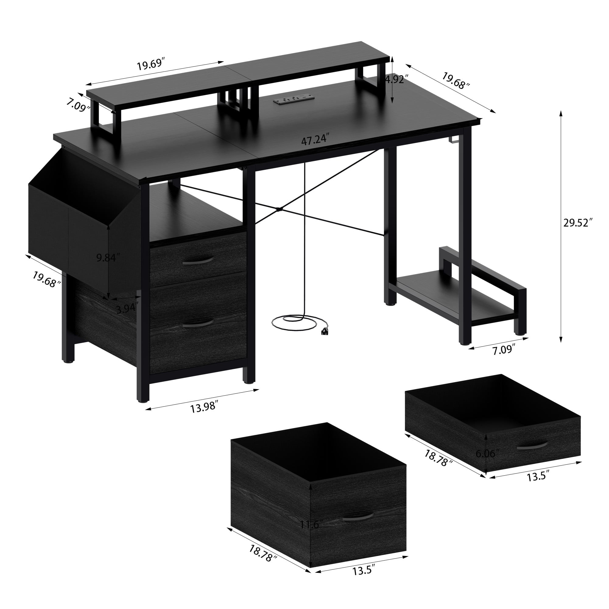 Furnibear Computer Desk with Drawer and Power Outlets, 47in Office Desk with 2 Monitor Stands and Fabric File Cabinet for Home Office, Small Space