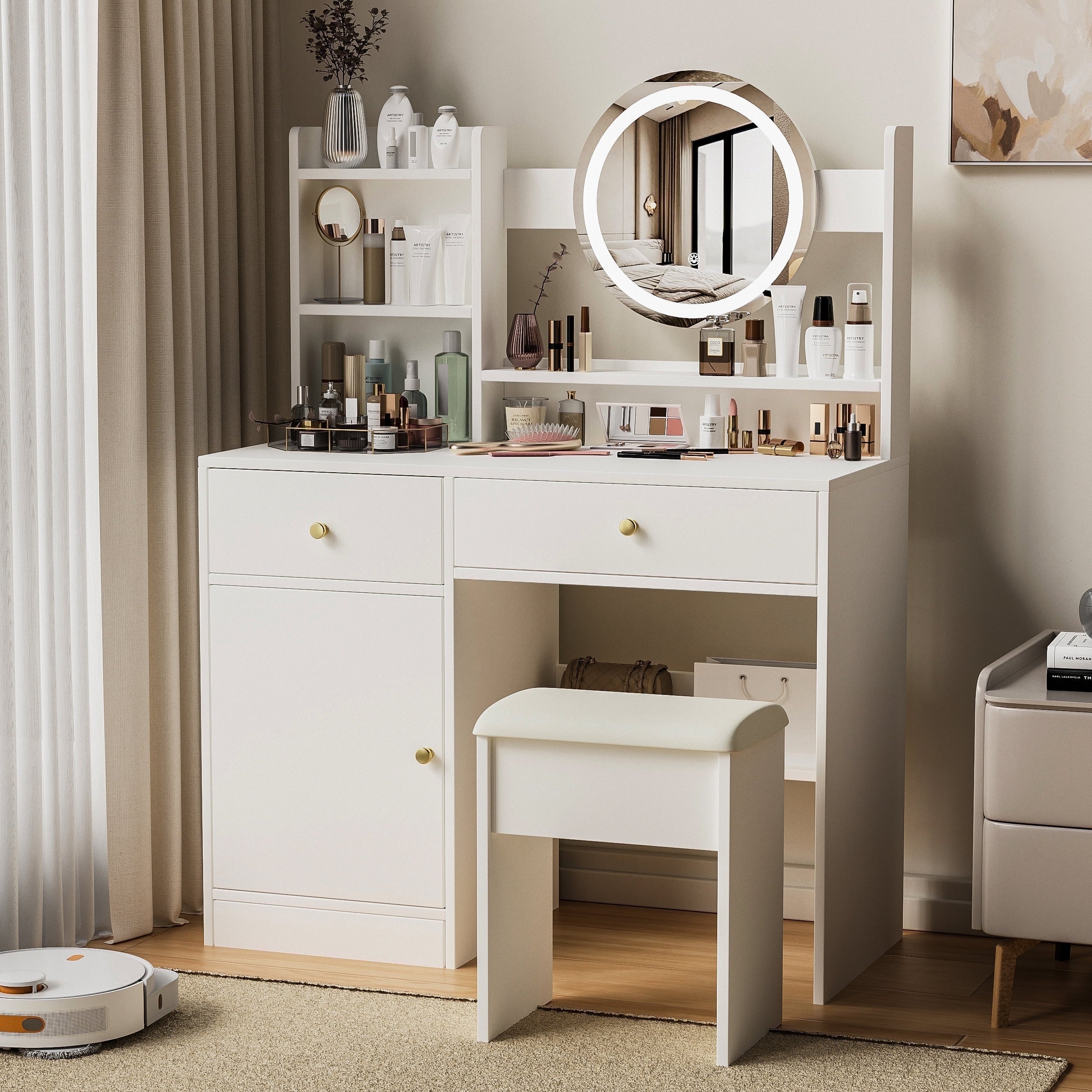 Furnibear 36in Vanity Desk Set, Makeup Table with Drawers, Dressing Table with Mirror and LED Lights, 3 Lighting Modes, Multifunctional Makeup Writing Desk for Bedroom