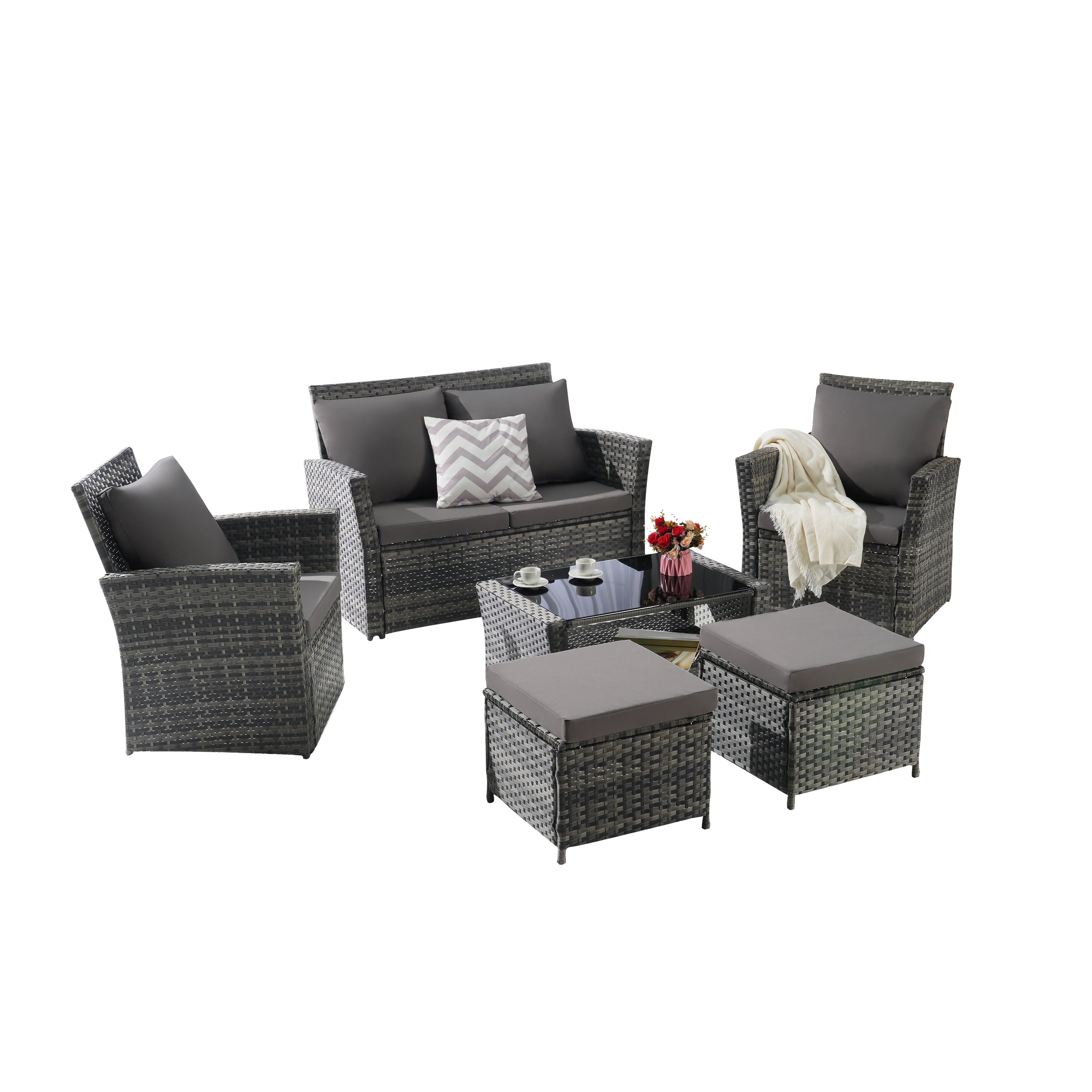 Furnibear 6 Piece Patio Furniture Sets, Rattan Wicker Outdoor Conversation Set with Ottoman and Tempered Glass Coffee Table