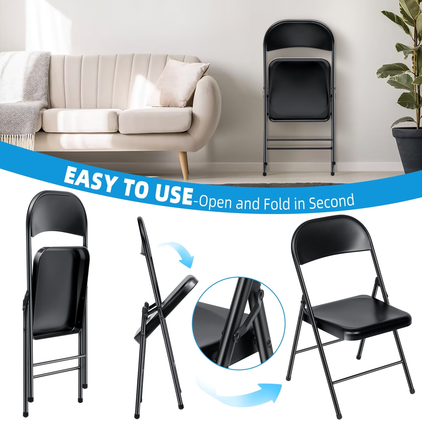 Furnibear 6 Pack Black Plastic Folding Chair, Stackable Seat ,Indoor Outdoor,Black