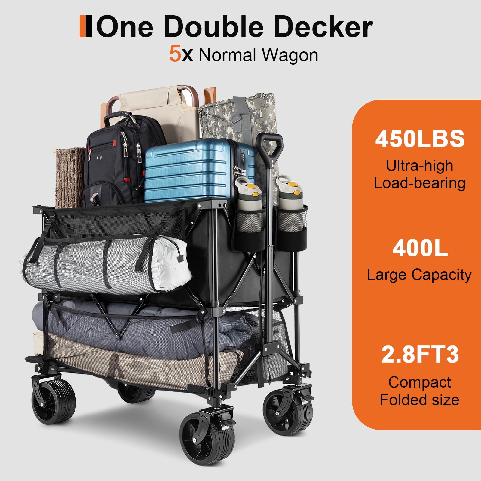 Furnibear Double Decker Folding Wagon, 450 lb Heavy Duty, 54" Extendable All-Terrain Wheels, 3-Second Collapsible Utility Cart for Camping,Beach,Shopping
