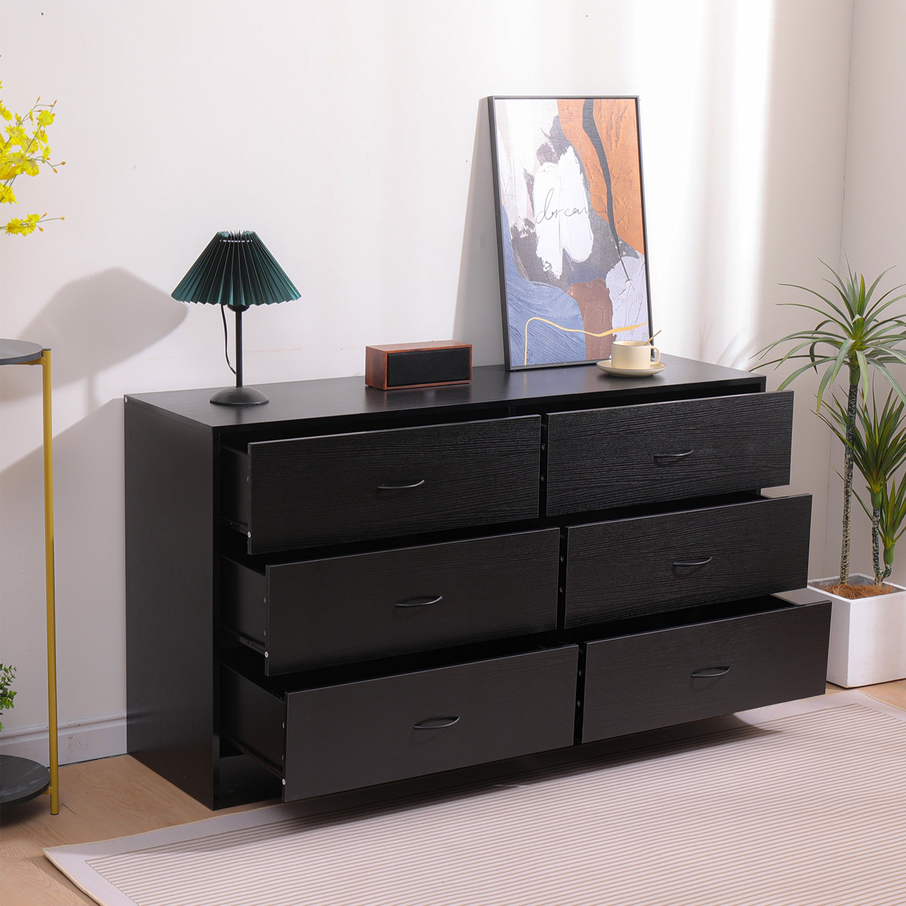 Furnibear 6 Drawer Dresser, Modern Wood Chest of Drawers Organizer Storage for Bedroom, Living Room, Porch, Black