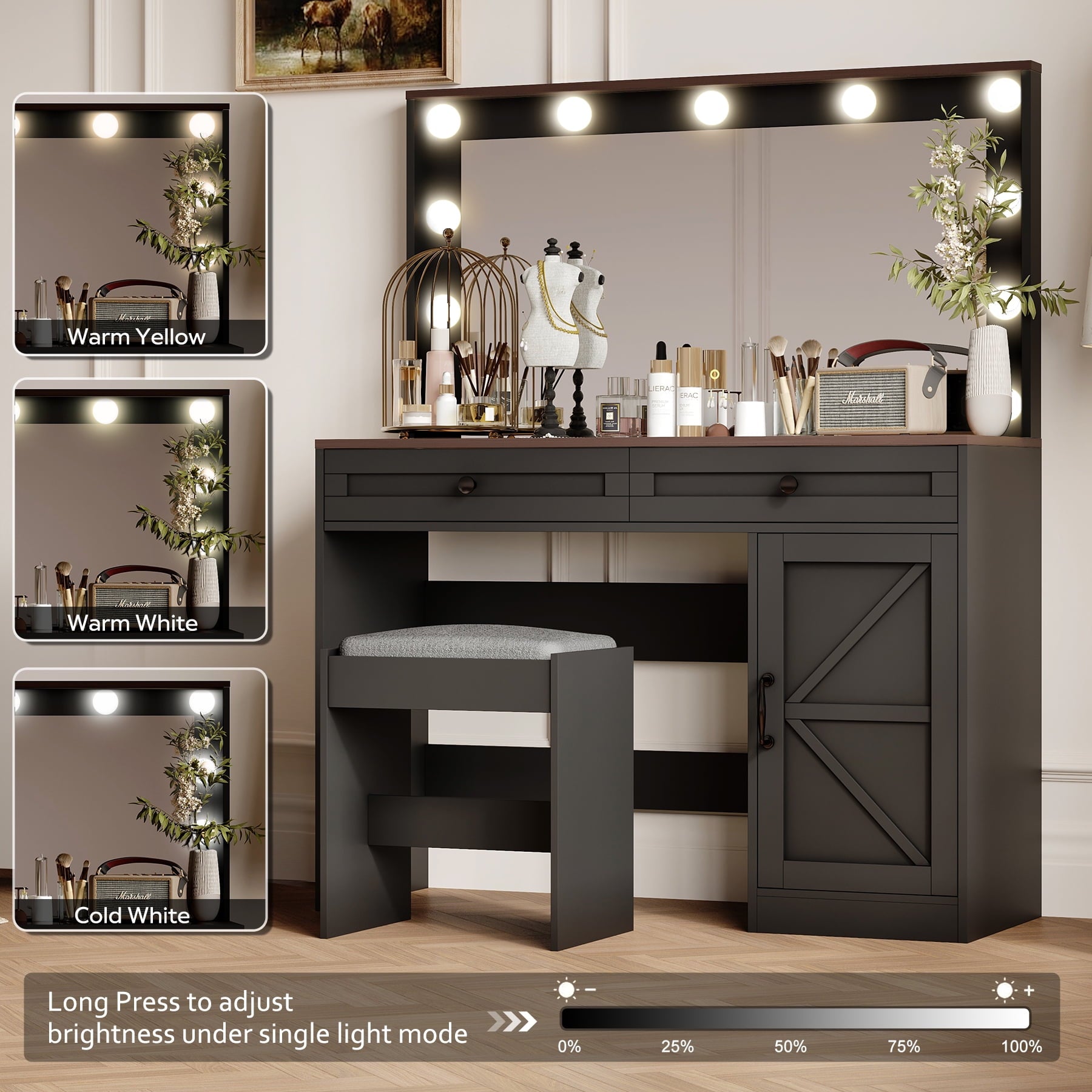 Furnibear Vanity Desk Set with Mirror and Light, Makeup Table with 2 Drawers and Cabinet, 3 Color Modes Brightness Adjustable