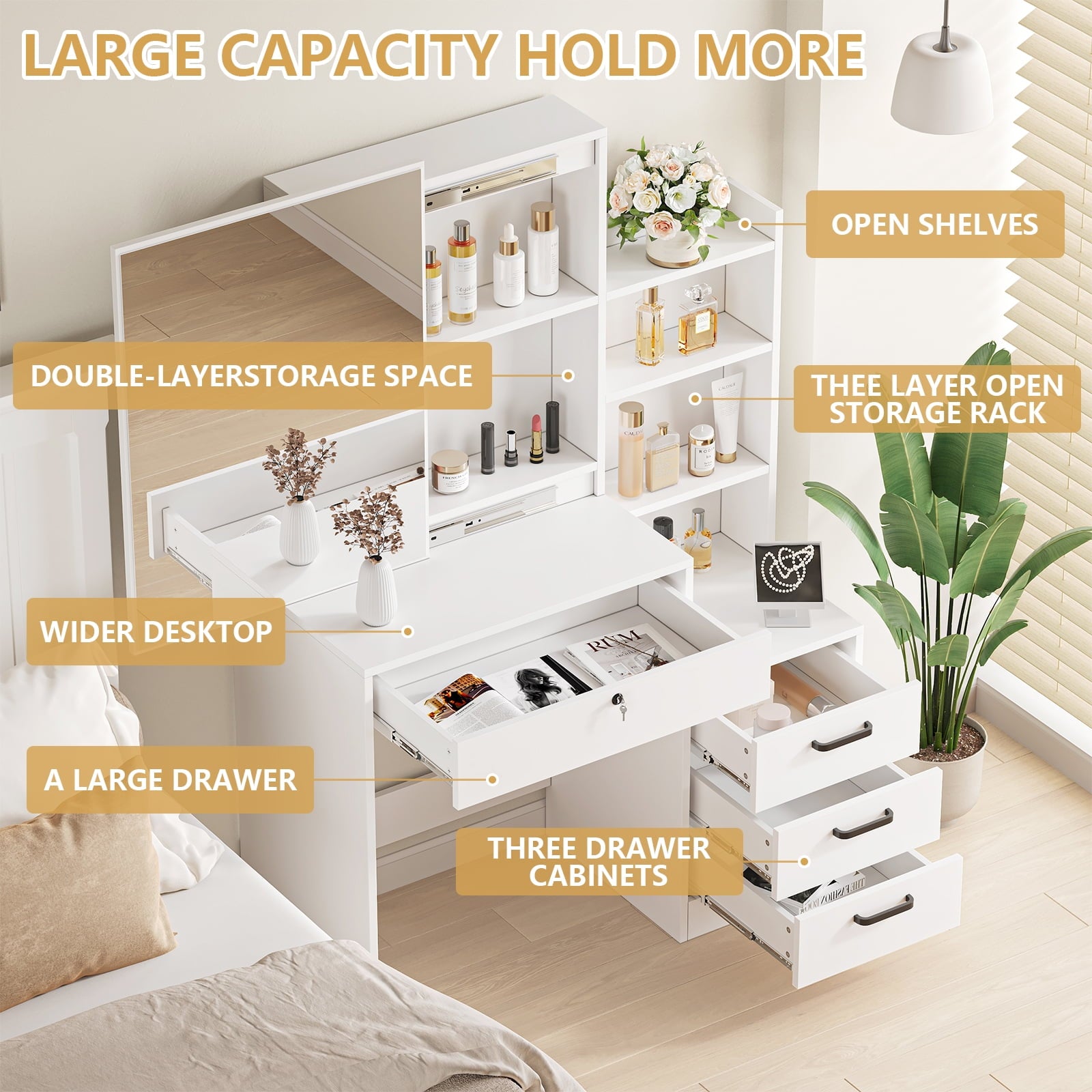 Furnibear 4 Drawer Vanity Table with Sliding Mirror for Bedroom Vanity Desk with 4 Drawers,White