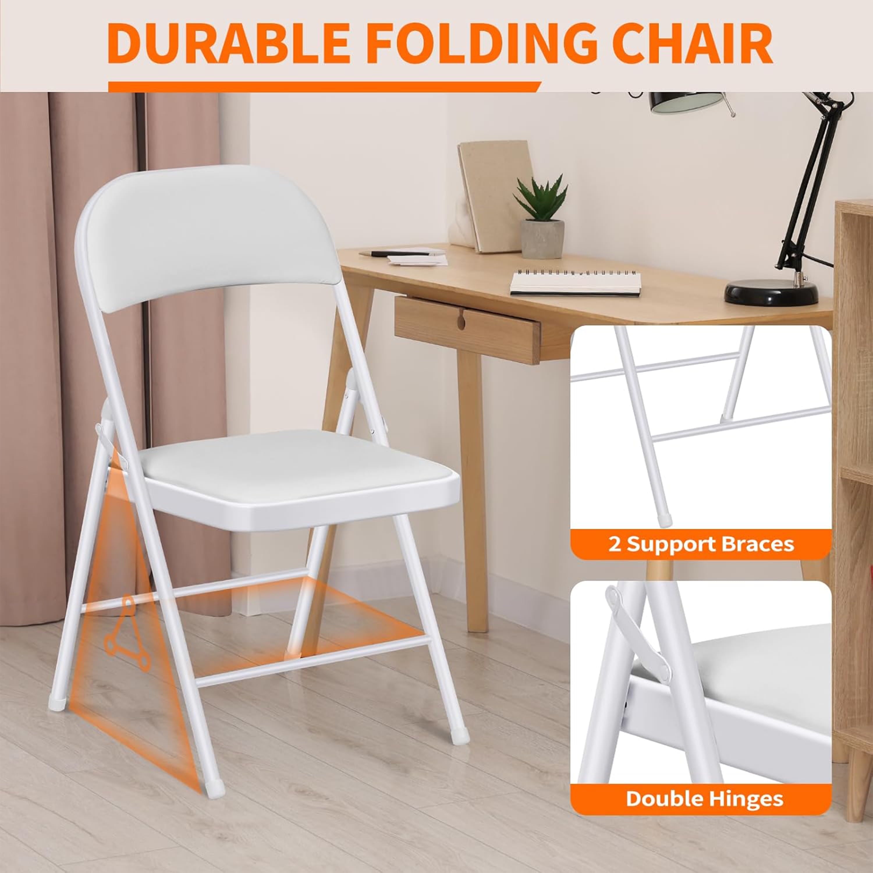 Furnibear 4 Pack Folding Chairs, Leather Padded Cushion Chairs with Comfortable Cushion and Stainless Steel Frame for Home and Office, for Indoor and Outdoor Events