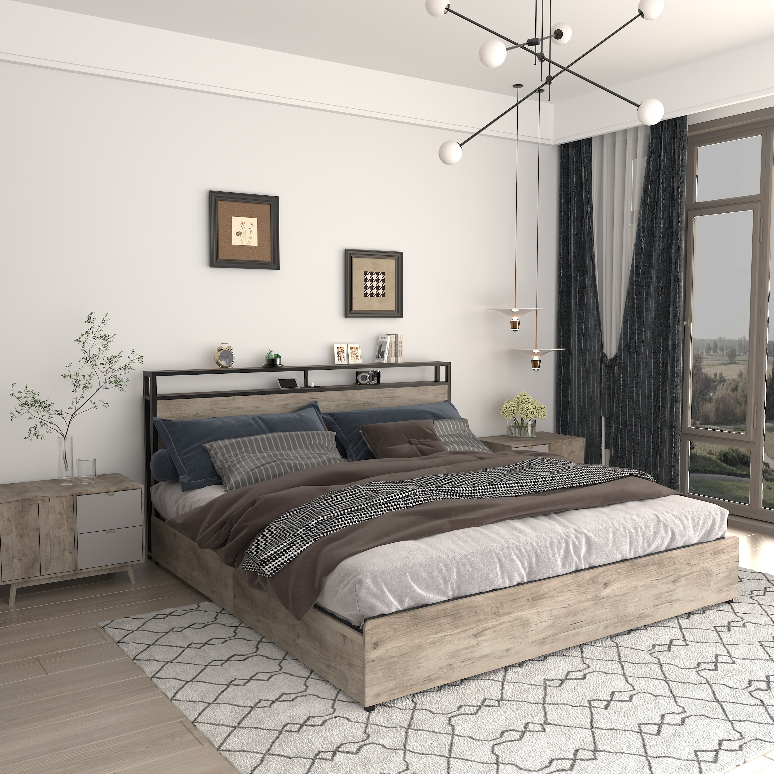 Furnibear King Bed Frame with USB Charging Station and Storage Headboard, Heavy-Duty Shake-Free Platform, No Box Spring Needed, Easy Tool-Free Assembly, Gray