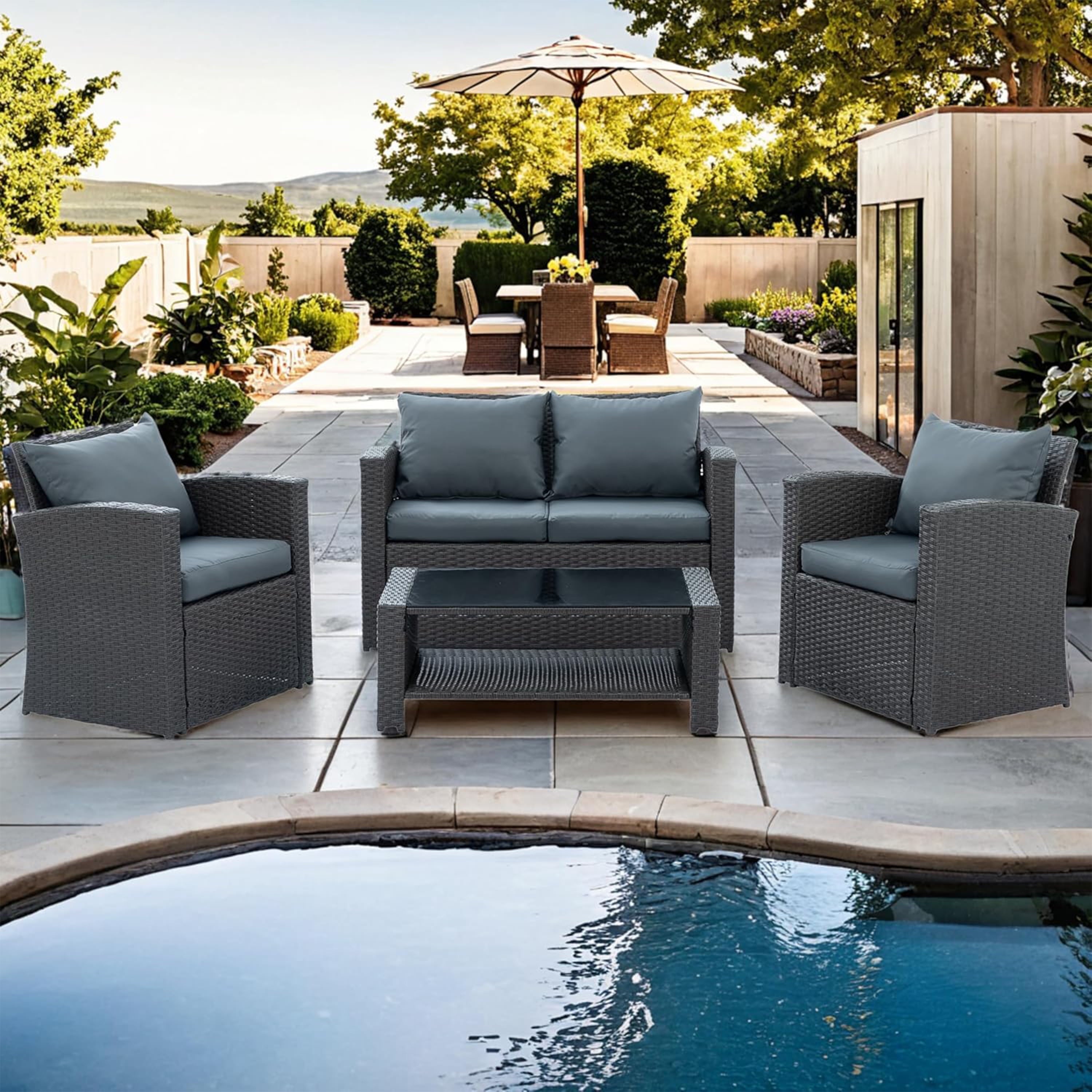 Furnibear 4 Pieces Patio Conversation Set, Outdoor Rattan Sectional Sofa, Cushioned Patio Furniture Set, Wicker Sofa Ideal for Garden, Porch, Backyard