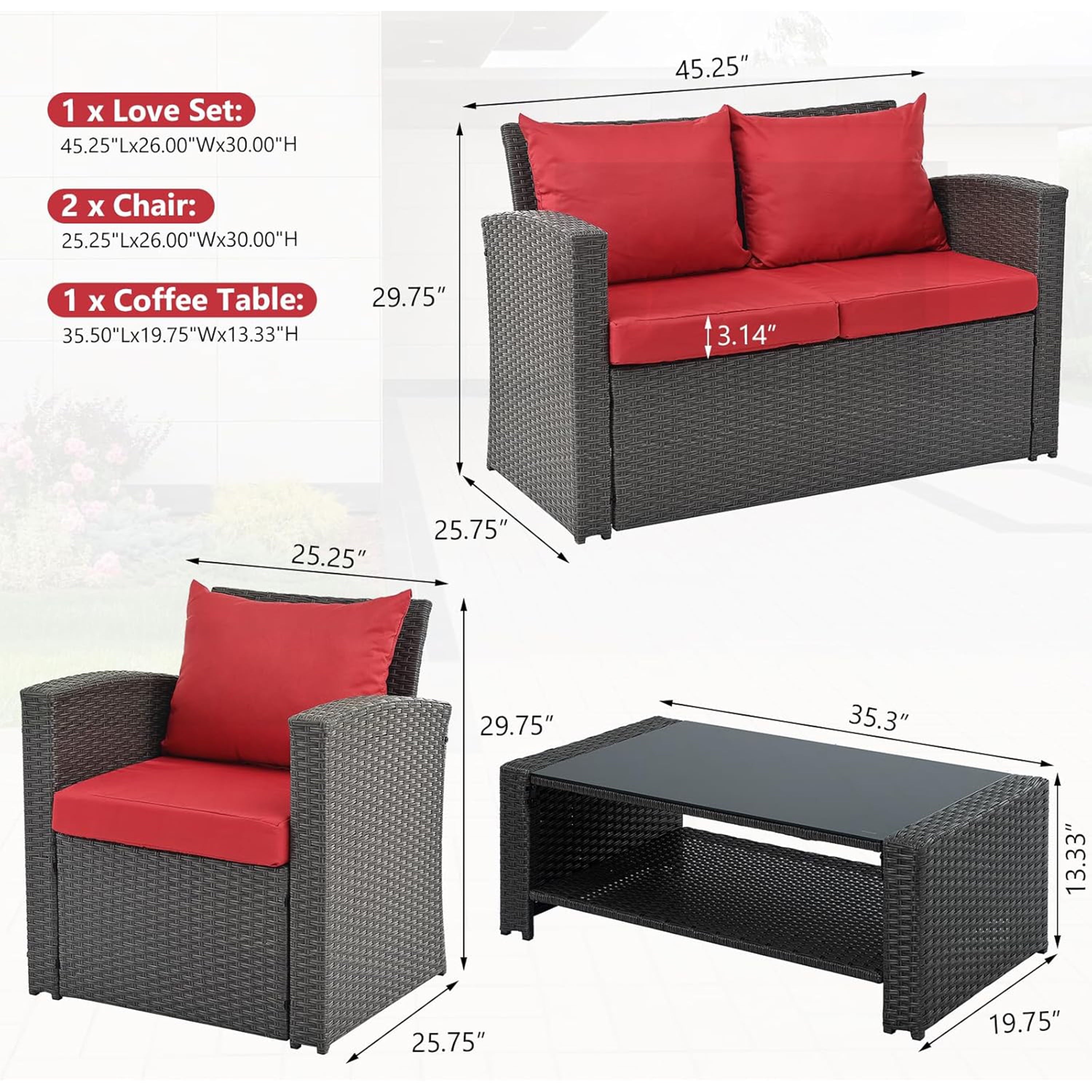 Furnibear 4 Pieces Patio Conversation Set, Outdoor Rattan Sectional Sofa, Cushioned Patio Furniture Set, Wicker Sofa Ideal for Garden, Porch, Backyard