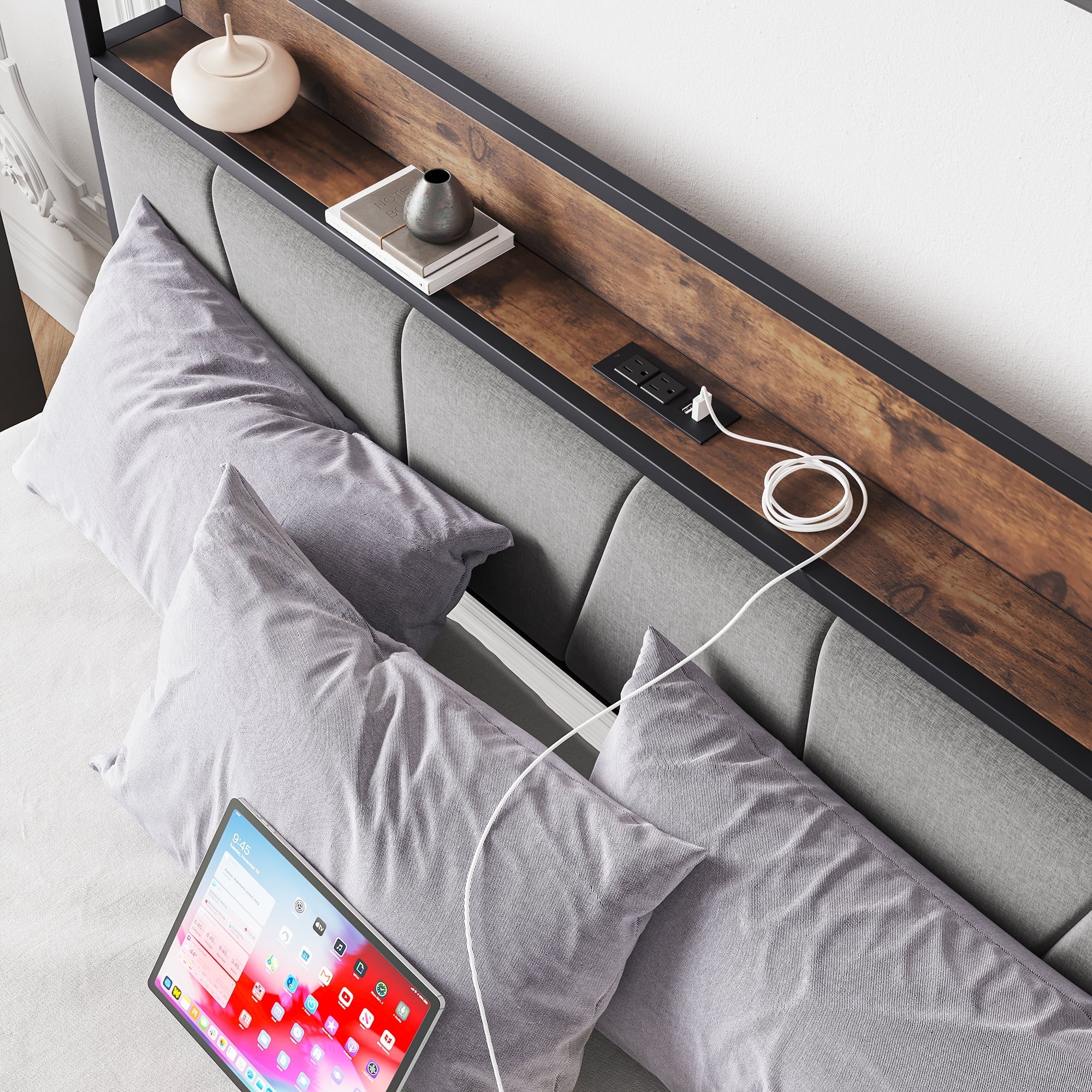 Furnibear Queen SIZE Bed Frame with Storage Headboard and USB Charging Station, Sturdy Shake-Free Platform, No Box Spring Needed, Easy Tool-Free Assembly