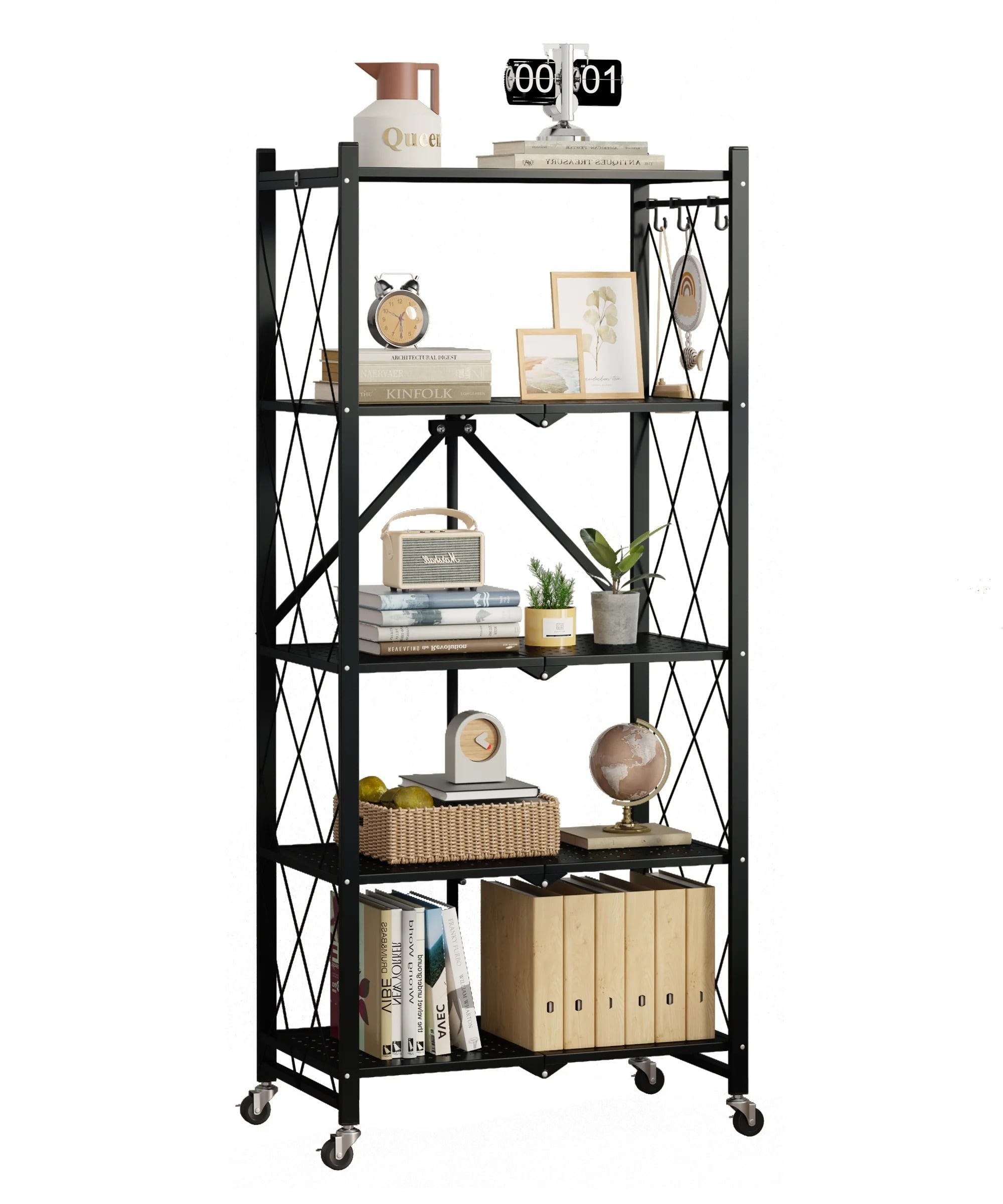 Furnibear Foldable 5 Tier Storage Shelf with Wheels Metal Rack Collapsible Shelving Unit Display, Rolling Cartfor Garage, Pantry, Office ,Black