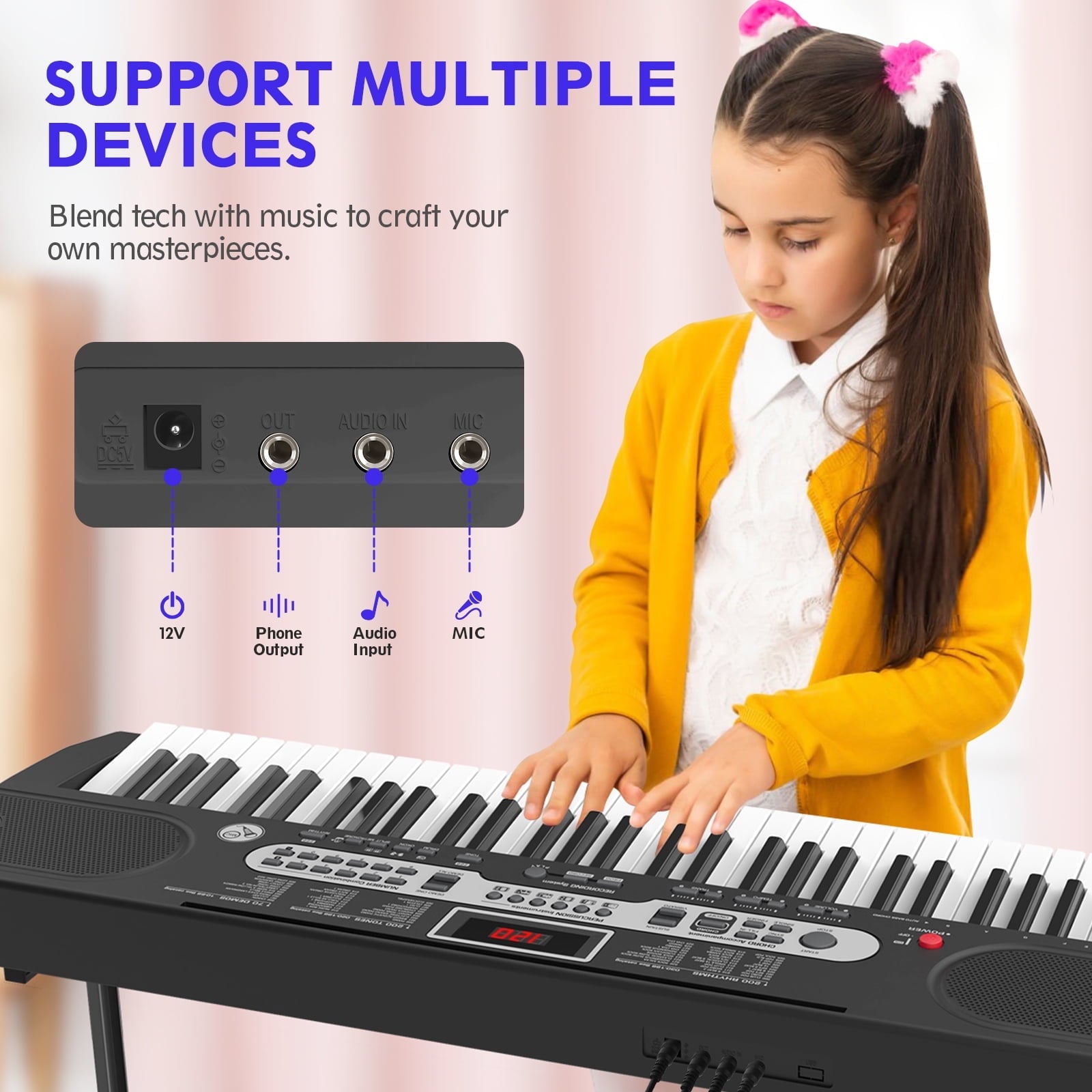 Furnibear 61 Key Piano Keyboard with Lighted Keys Stand Bench Microphone Headphone and Built-in Speakers for Beginners, Black