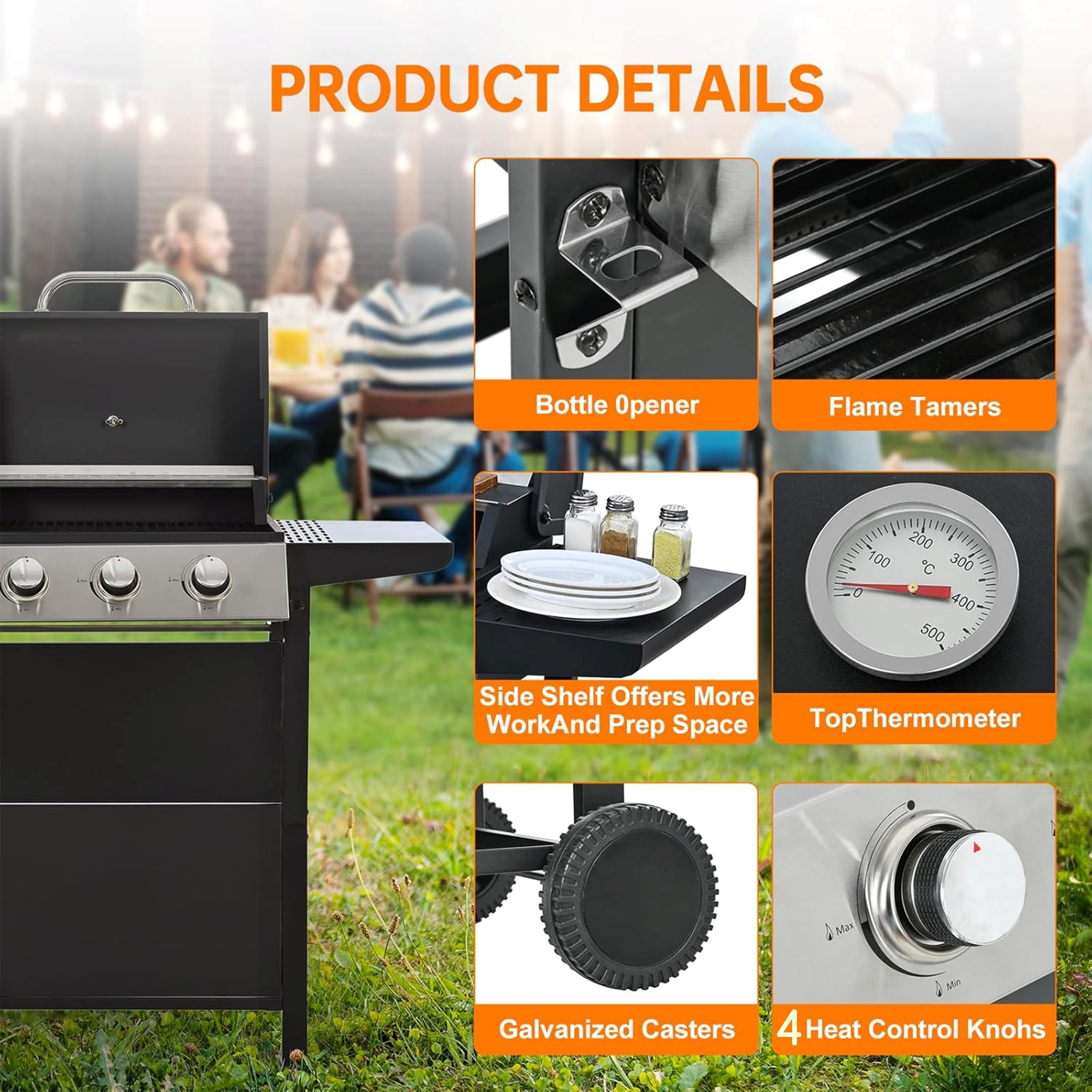 Furibear 4 Burners BBQ Propane Gas Grill, Freestanding Grill Cart with Wheels, Stainless Steel Heavy-Duty Cabinet Style, Outdoor BBQ Grill for Garden Backyard Cooking Barbecue