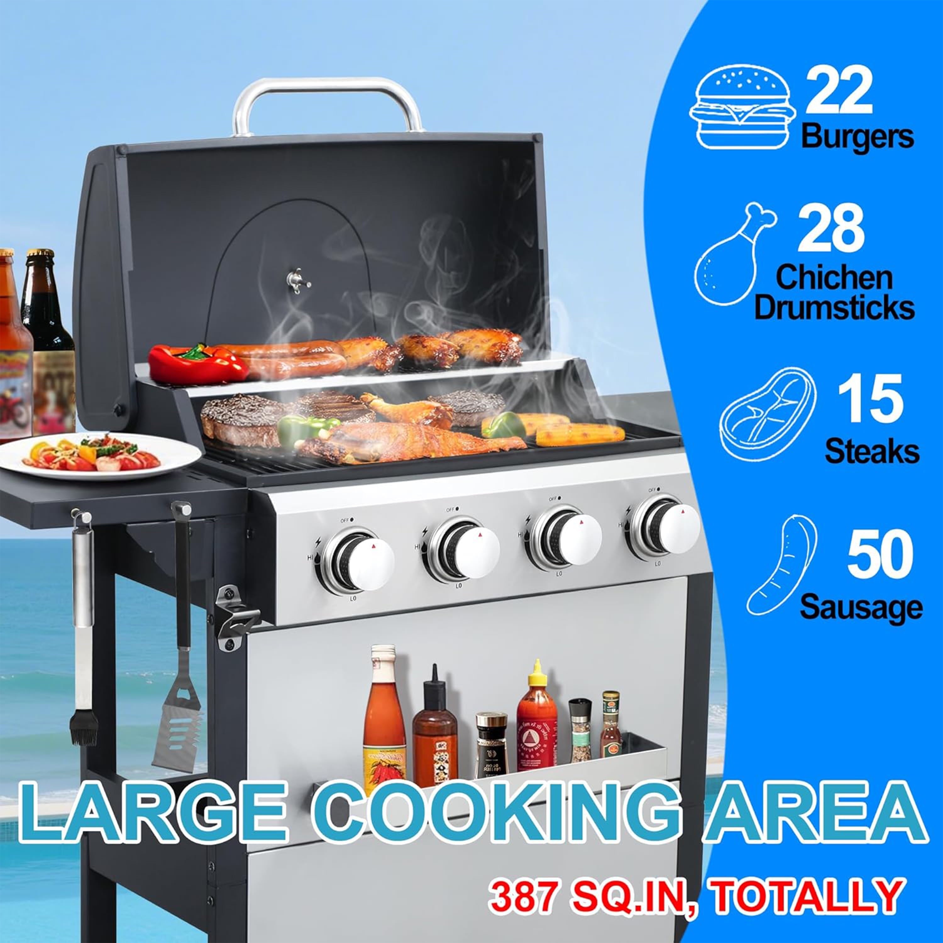 Furnibear 4 Burner BBQ Propane Gas Grill, Stainless Steel 34,200 BTU Patio Garden Barbecue Grill with 2 Foldable Shelves, Spice Rack