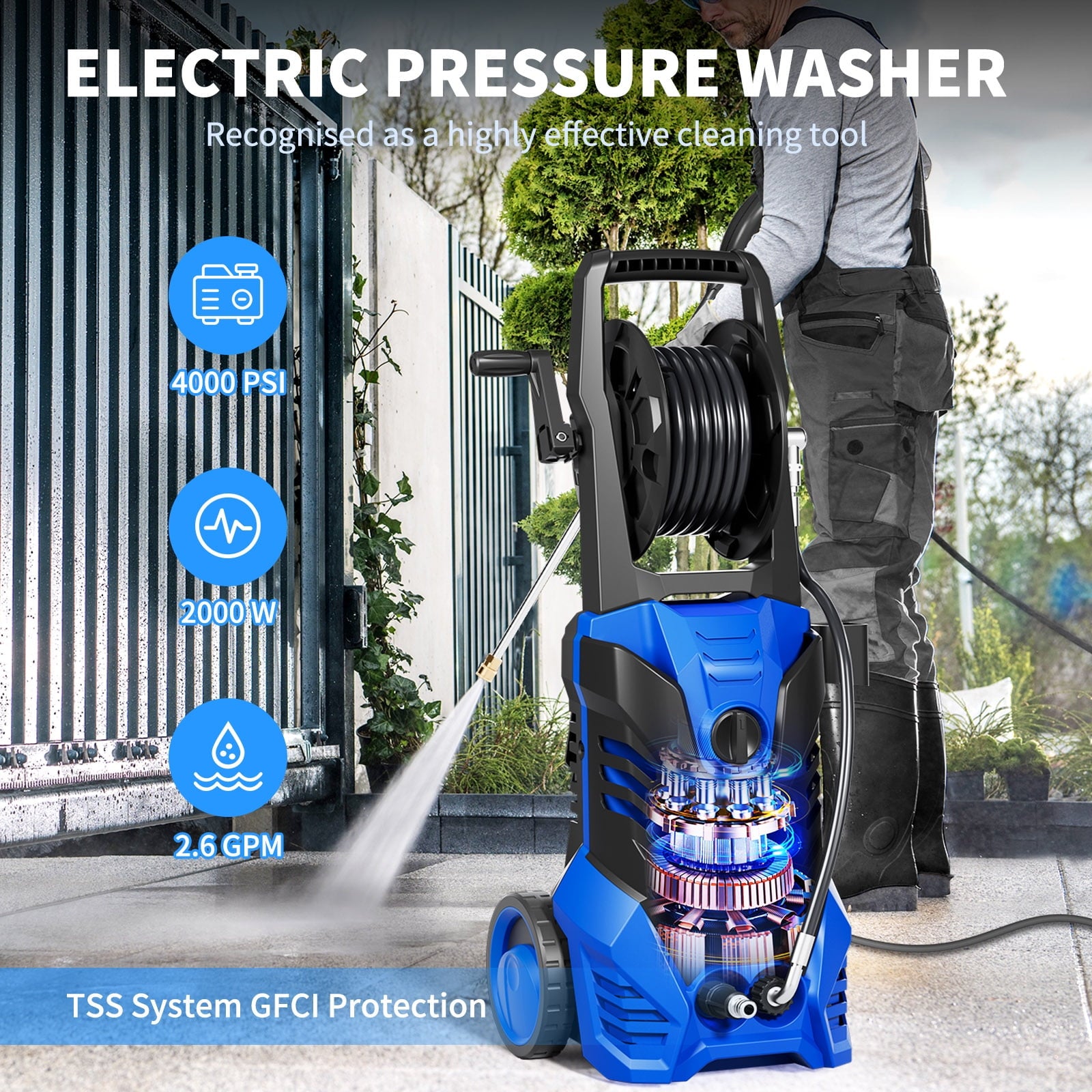Furnibear 3800 PSI Electric Pressure Washer - Lightweight with Wheels 5 Nozzles, Ideal for Cars, Driveways, Patios Fences, Quiet 2000W Motor, Auto Shut-Off