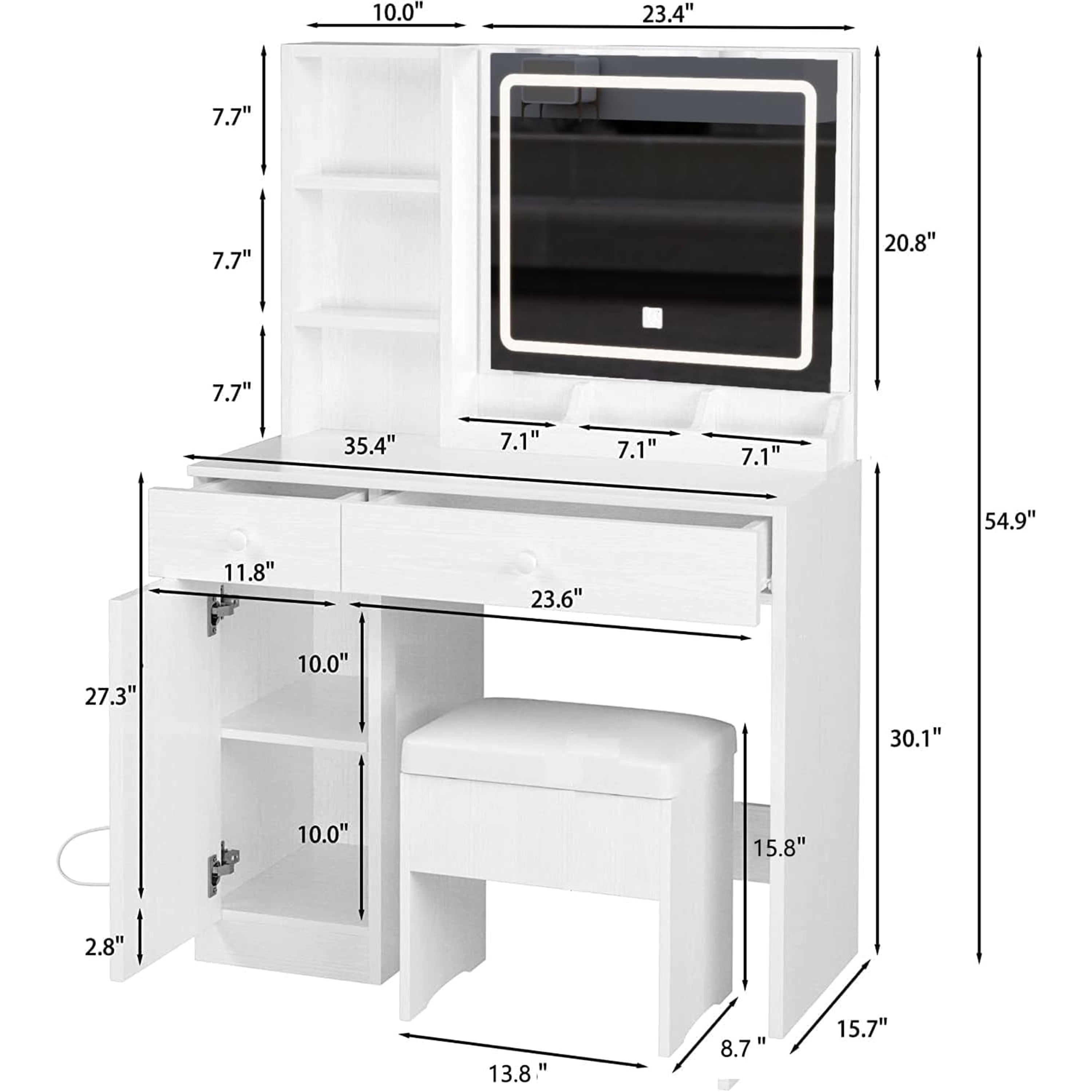 Furnibear Vanity Desk Set with Mirror and Light, Makeup Table with 2 Drawers and Cabinet, Power Outlet and 3 Color Modes Brightness Adjustable