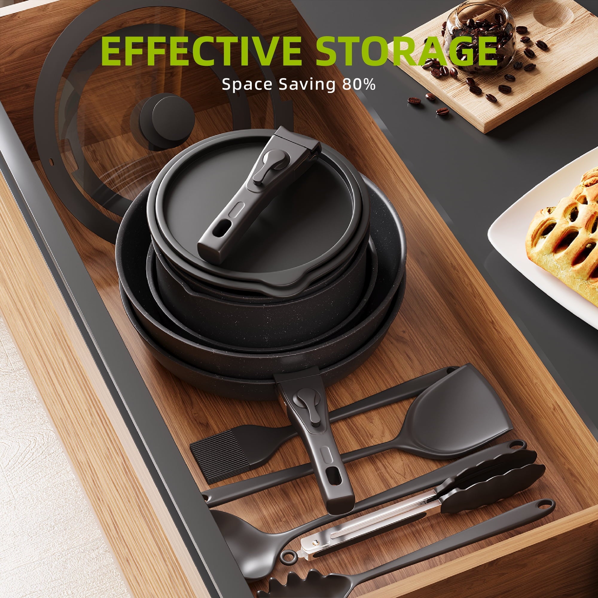 Furnibear 20pcs Pots and Pans Set Nonstick, Kitchen Ceramic Cookware Set for RV and Camping, with Pots Protectors and Cooking Utensils, Black