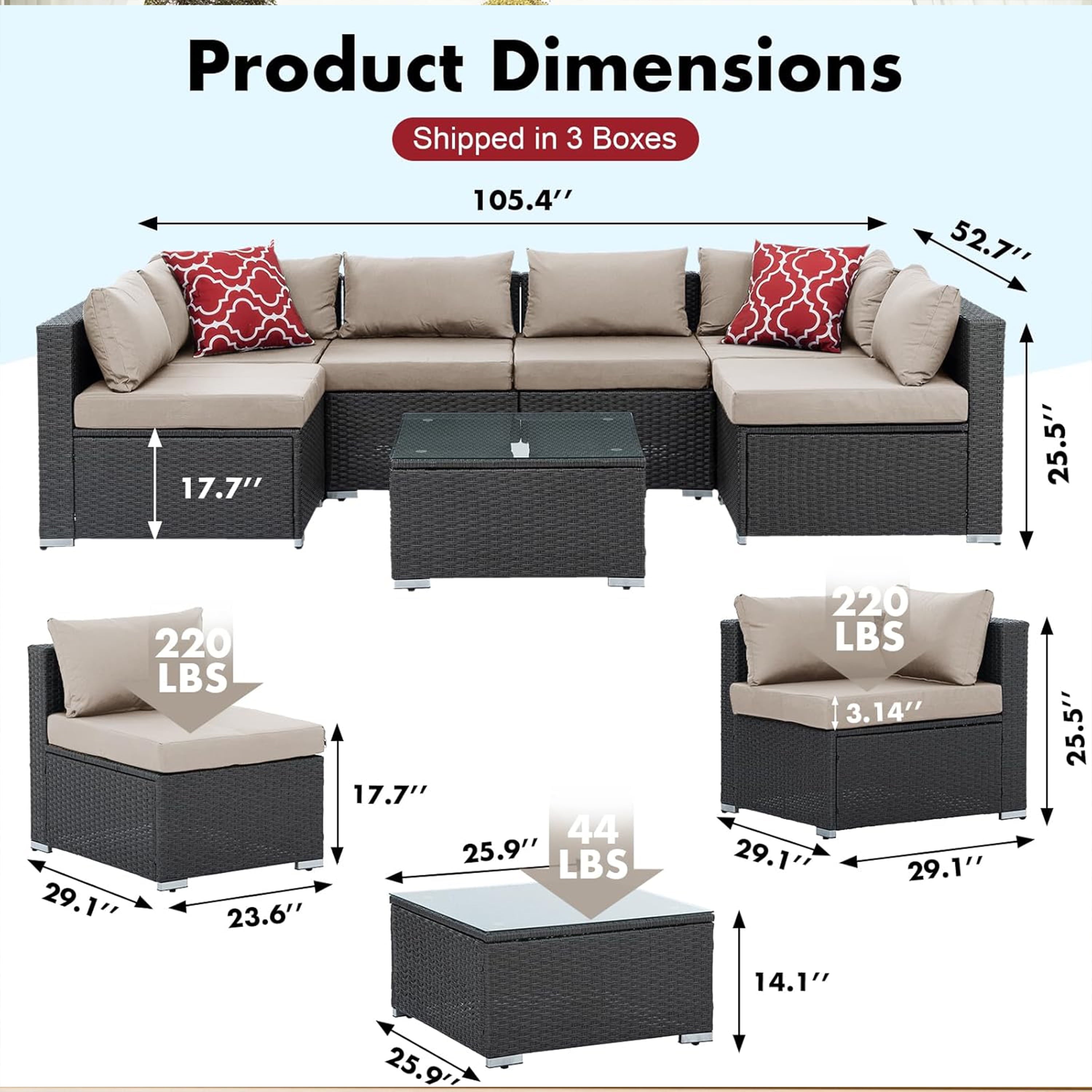 Furnibear 7 Pieces Outdoor Patio Sectional Sofa Couch, Black Wicker Patio Furniture Conversation Sets with Washable Cushions and Glass Coffee Table for Garden, Poolside, Backyard