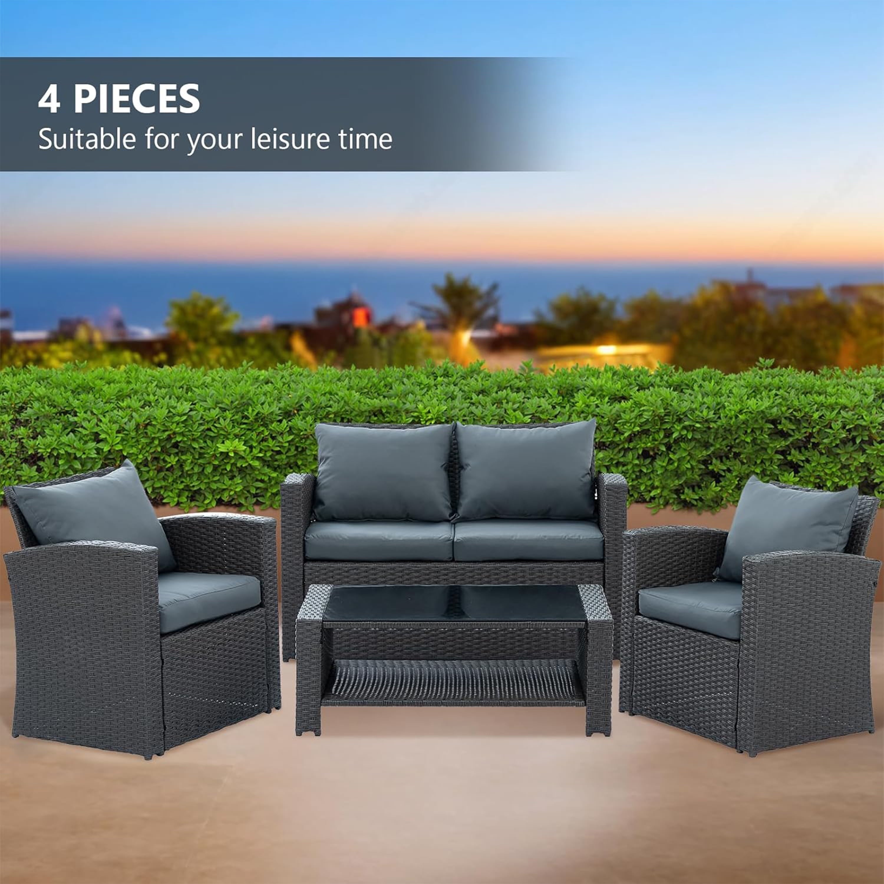 Furnibear 4 Pieces Patio Conversation Set, Outdoor Rattan Sectional Sofa, Cushioned Patio Furniture Set, Wicker Sofa Ideal for Garden, Porch, Backyard