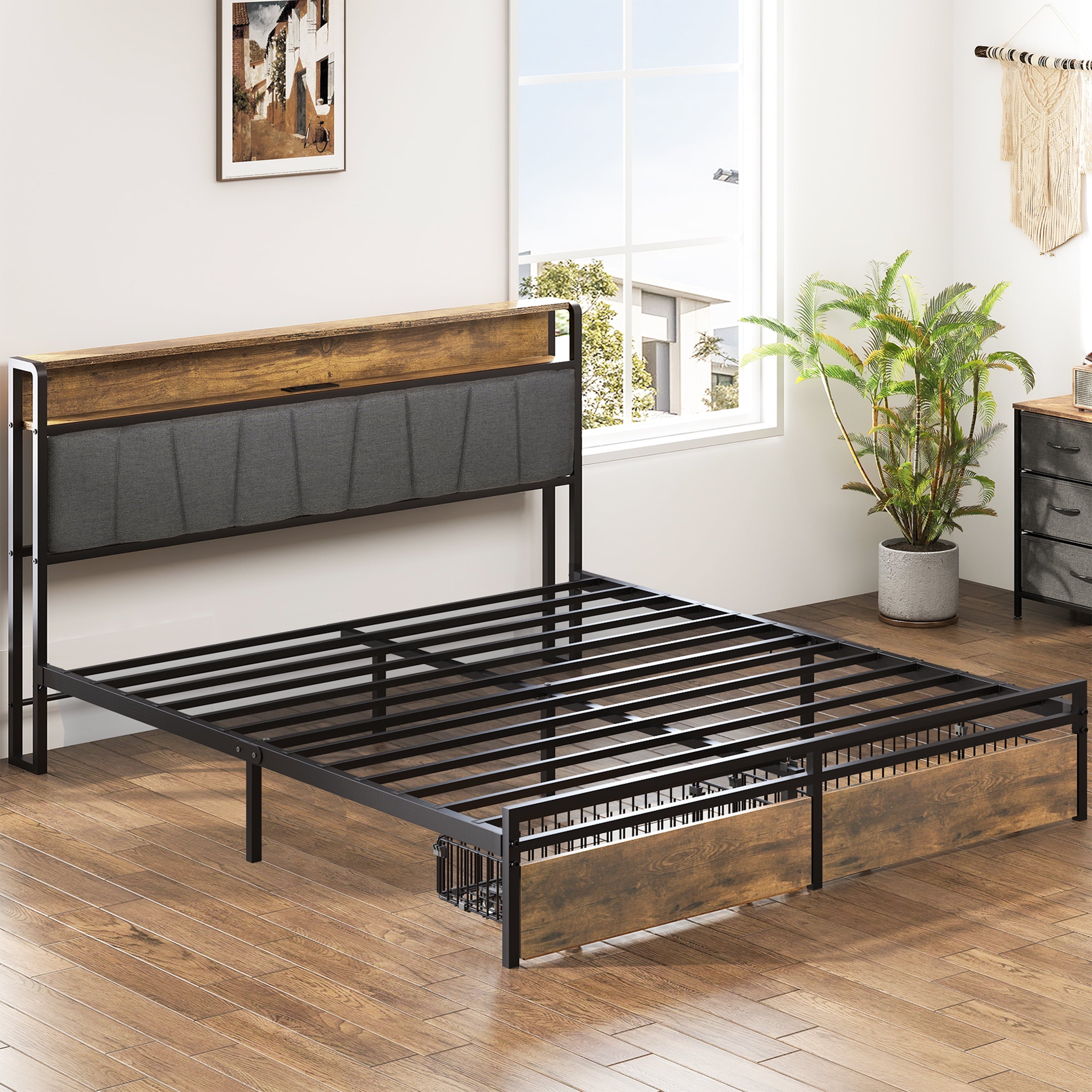 Furnibear Queen Bed Frame with Upholstered Storage Headboard and Drawers, LED Platform Bed with Charging Station, No Box Spring Needed