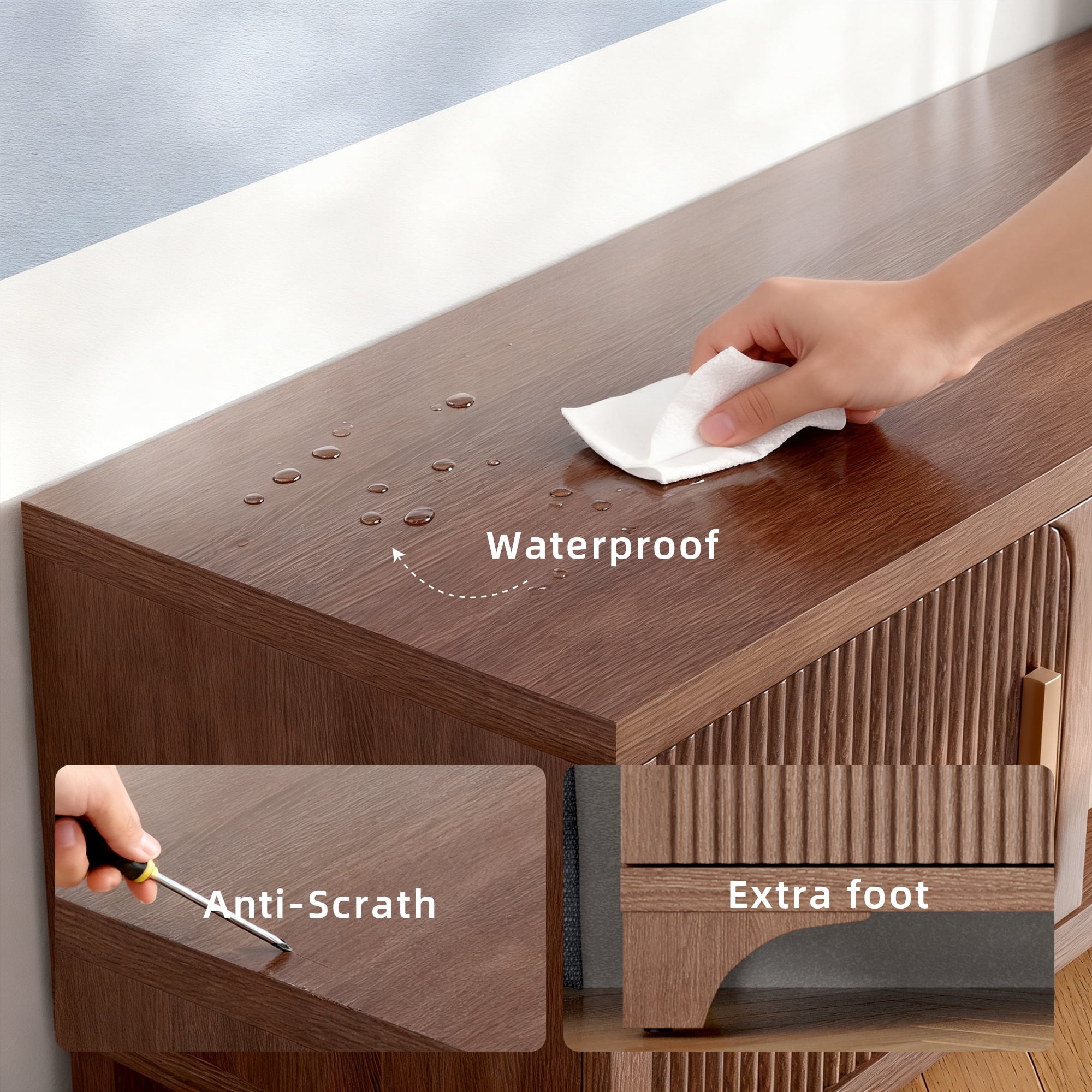 Furnibear Wood TV Stand Up to 70 Inch for Living Room, Mid Century Modern Entertainment Center, TV Console with Fluted Door Cabinets and Open Shelves, for Bedroom, Walnut