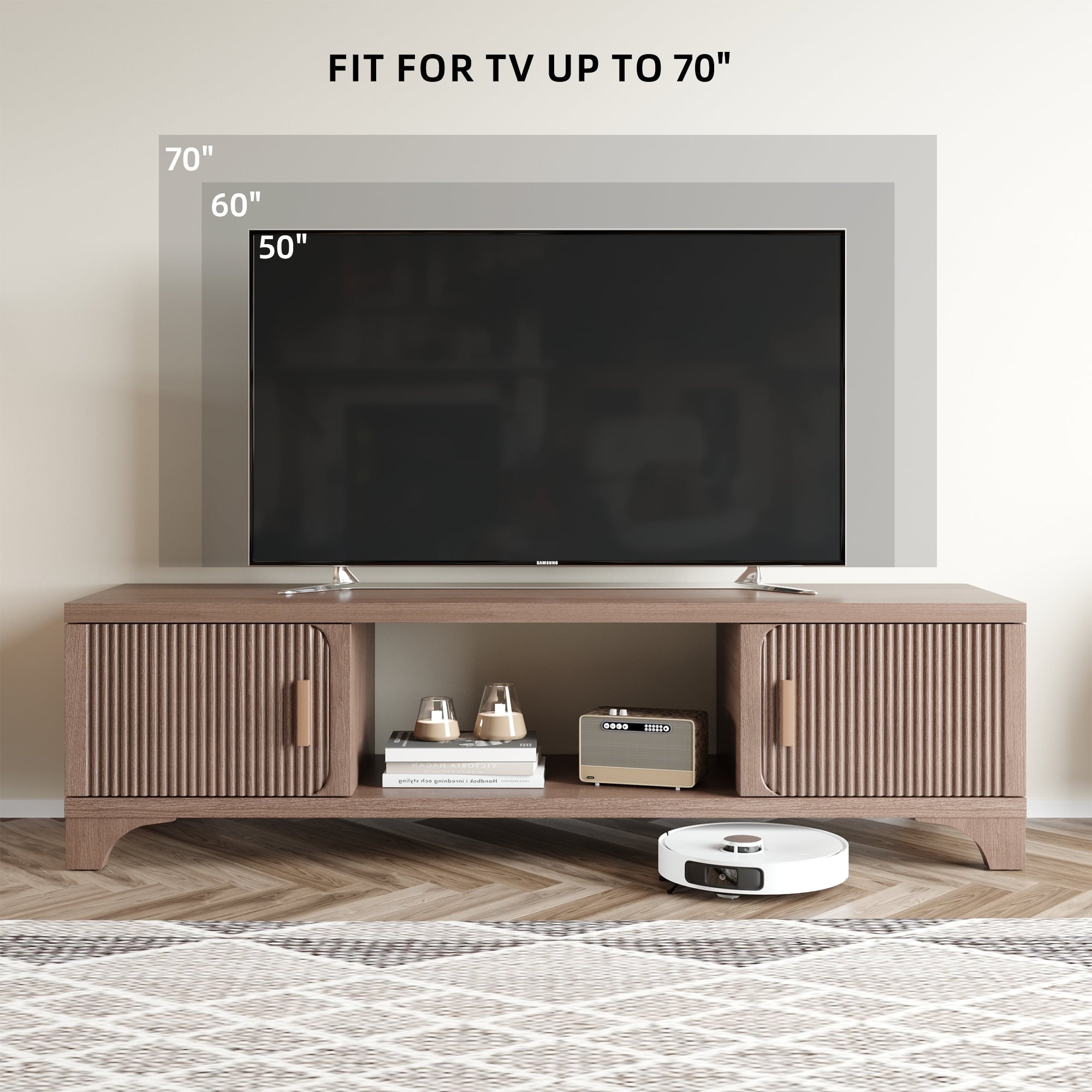 Furnibear Wood TV Stand Up to 70 Inch for Living Room, Mid Century Modern Entertainment Center, TV Console with Fluted Door Cabinets and Open Shelves, for Bedroom, Walnut