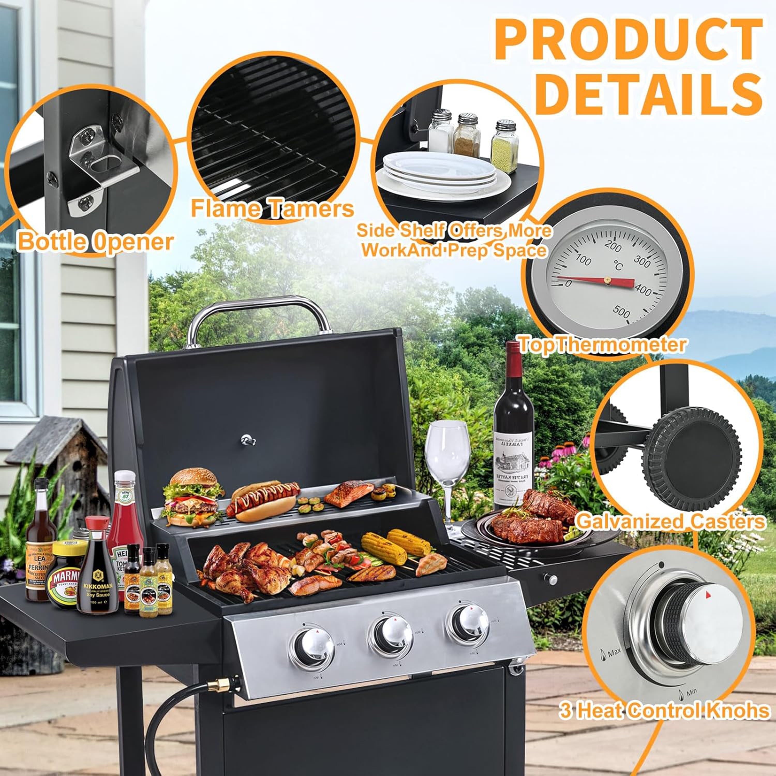 Furnibear 3 Burner BBQ Propane Gas Grill, Stainless Steel 26,000 BTU Patio Garden Barbecue Grill with Two Foldable Shelves