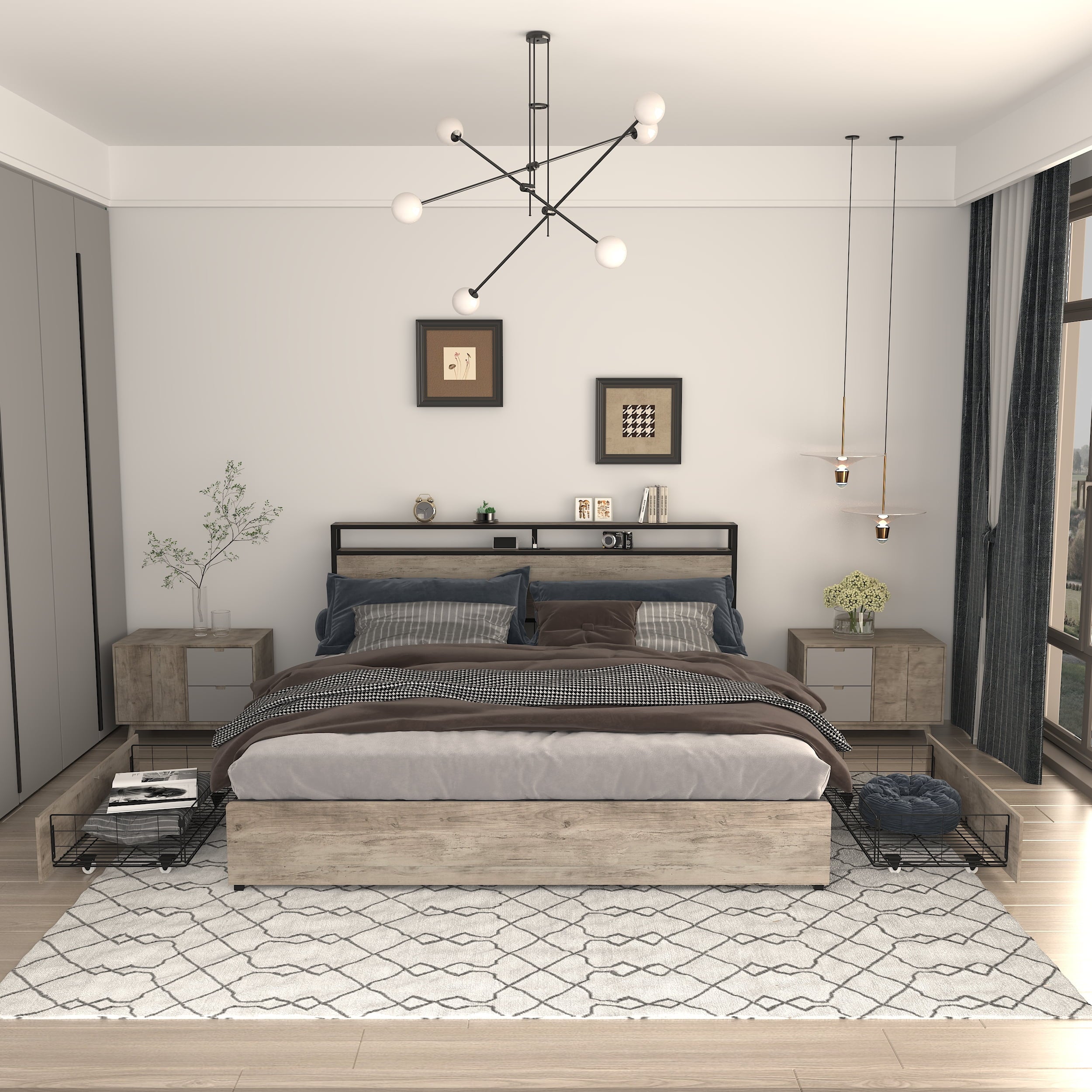 Furnibear King Bed Frame with USB Charging Station and Storage Headboard, Heavy-Duty Shake-Free Platform, No Box Spring Needed, Easy Tool-Free Assembly, Gray