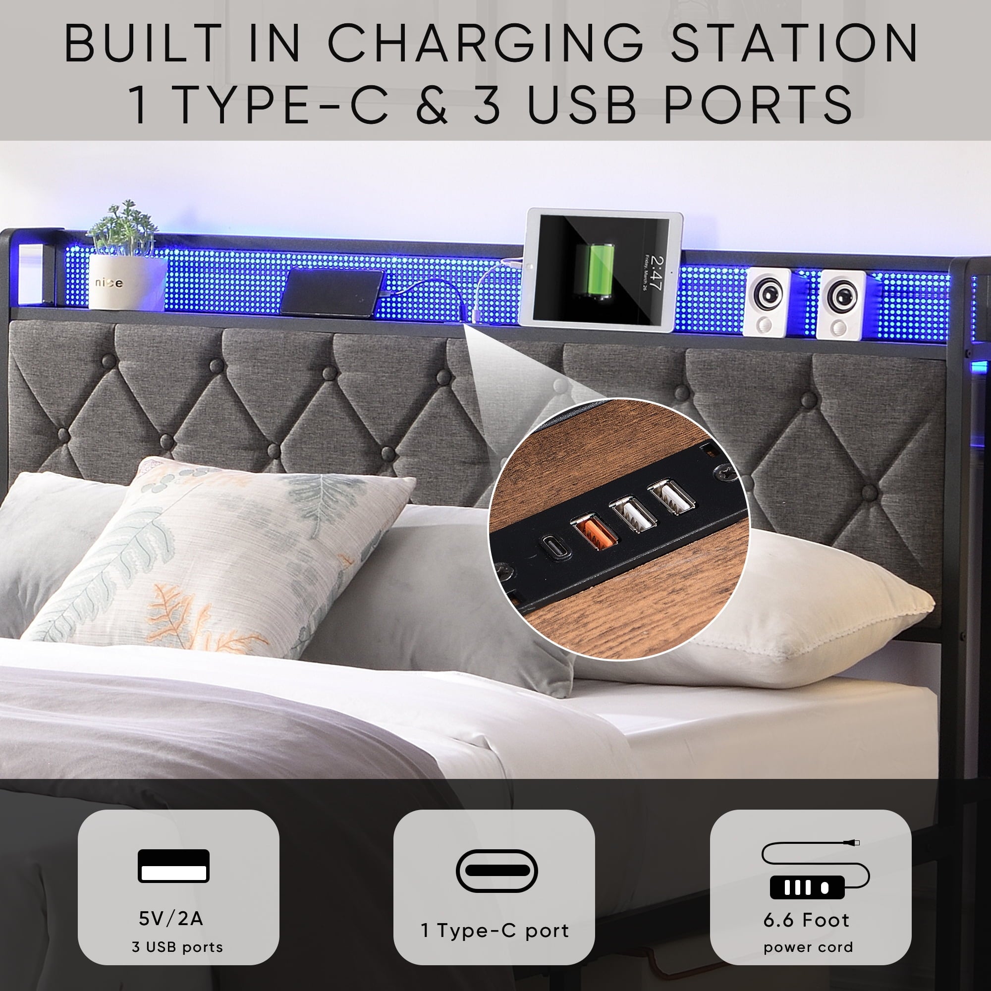 Furnibear Full Bed Frame with RGB LED Lights, Charging Station And Sto