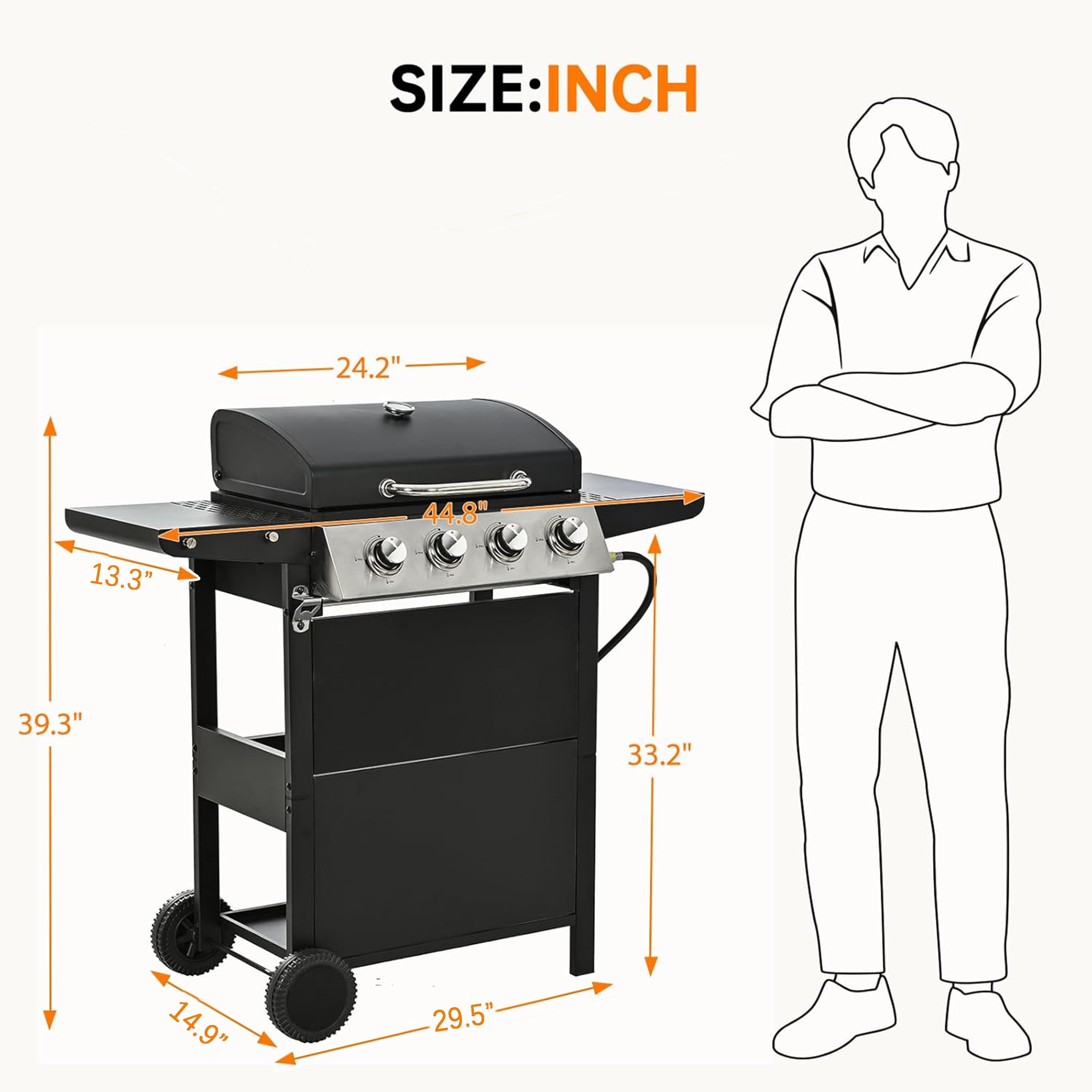 Furibear 4 Burners BBQ Propane Gas Grill, Freestanding Grill Cart with Wheels, Stainless Steel Heavy-Duty Cabinet Style, Outdoor BBQ Grill for Garden Backyard Cooking Barbecue