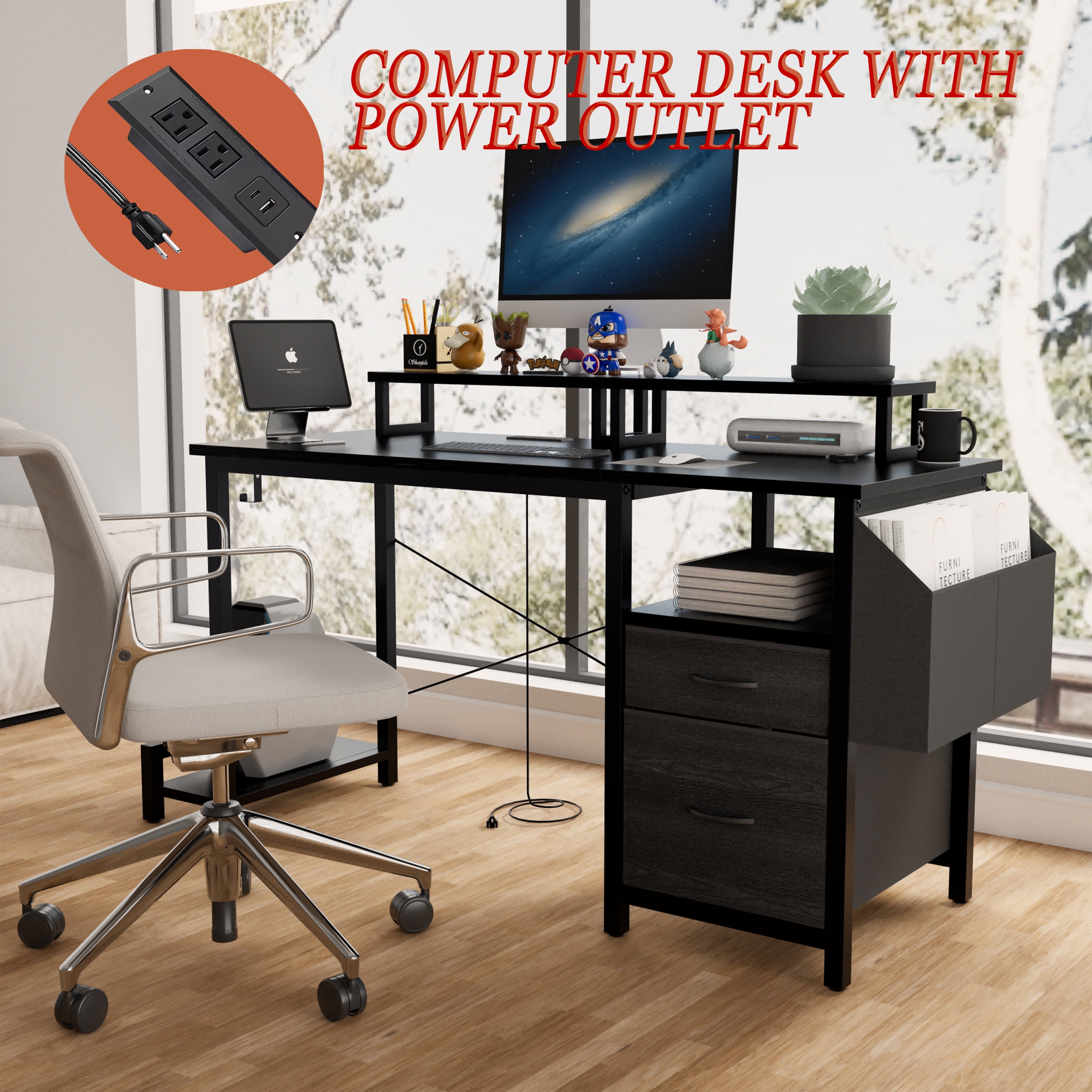 Furnibear Computer Desk with Drawer and Power Outlets, 47in Office Desk with 2 Monitor Stands and Fabric File Cabinet for Home Office, Small Space