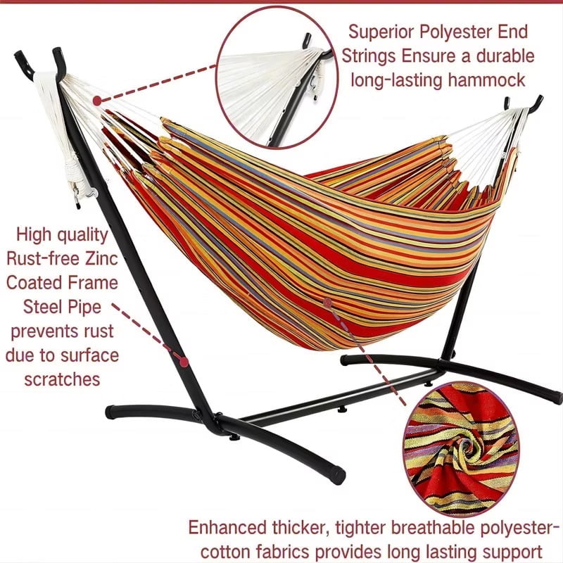 Furnibear 2-Person Brazilian Hammock with Adjustable Steel Stand - Stylish Cotton/Polyester Bed, 600lb Capacity, Space-Saving Design & Storage Bag