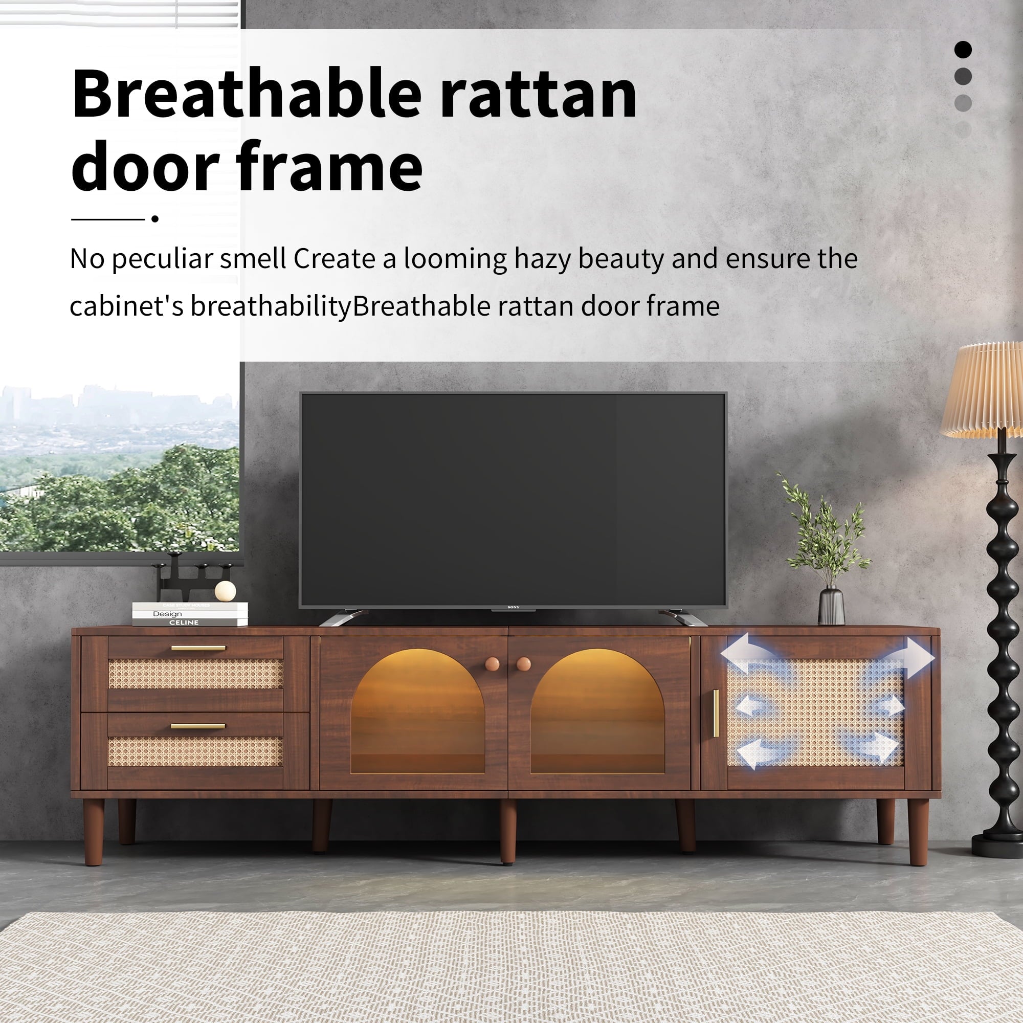 Furnibear Rattan TV Stand for TVs up to 80 inch with 3 Cabinets & 2 Drawers Media Console Table LED Light Entertainment Center, TV cabinet for Living room, Bedroom, Home Theatre,Brown