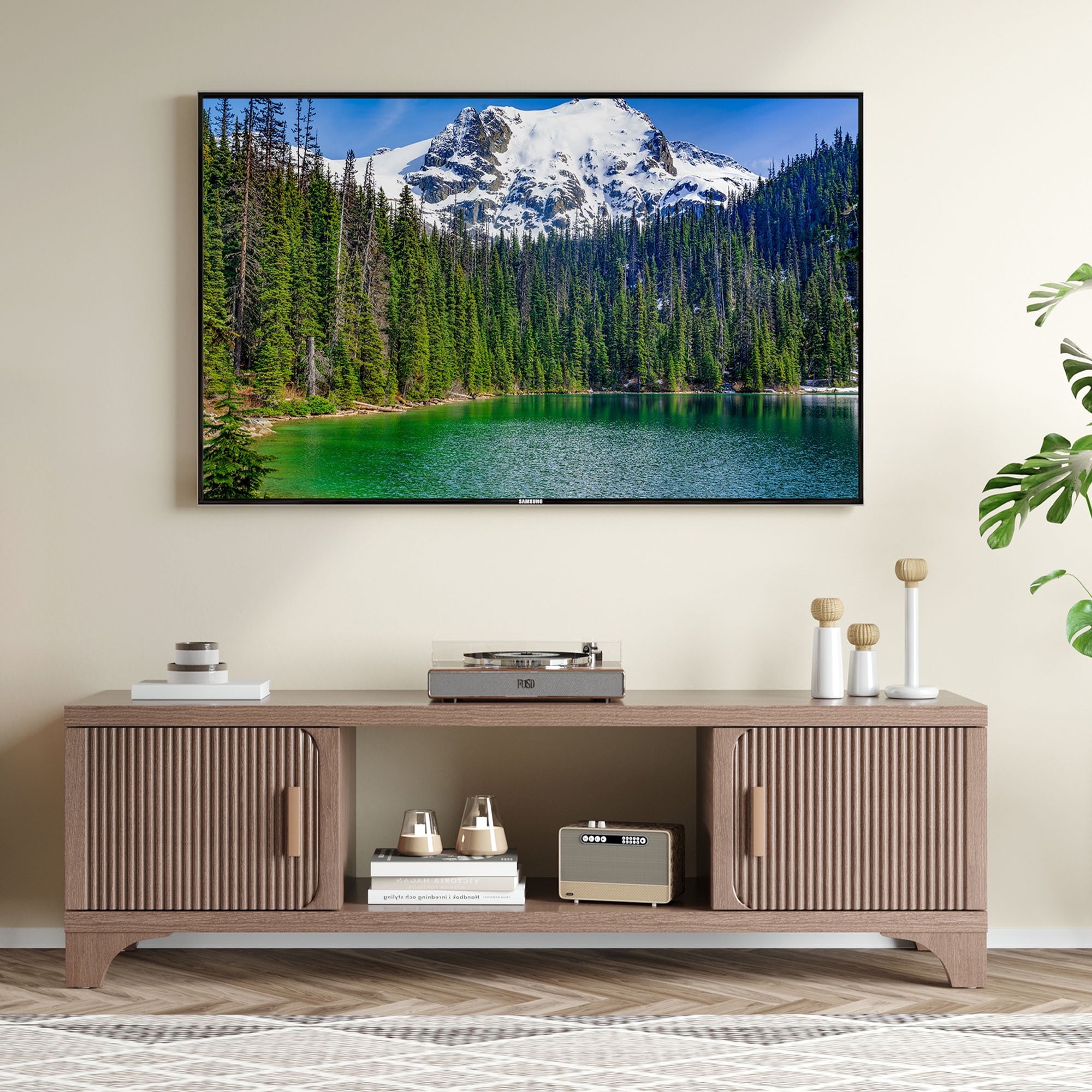 Furnibear Wood TV Stand Up to 70 Inch for Living Room, Mid Century Modern Entertainment Center, TV Console with Fluted Door Cabinets and Open Shelves, for Bedroom, Walnut