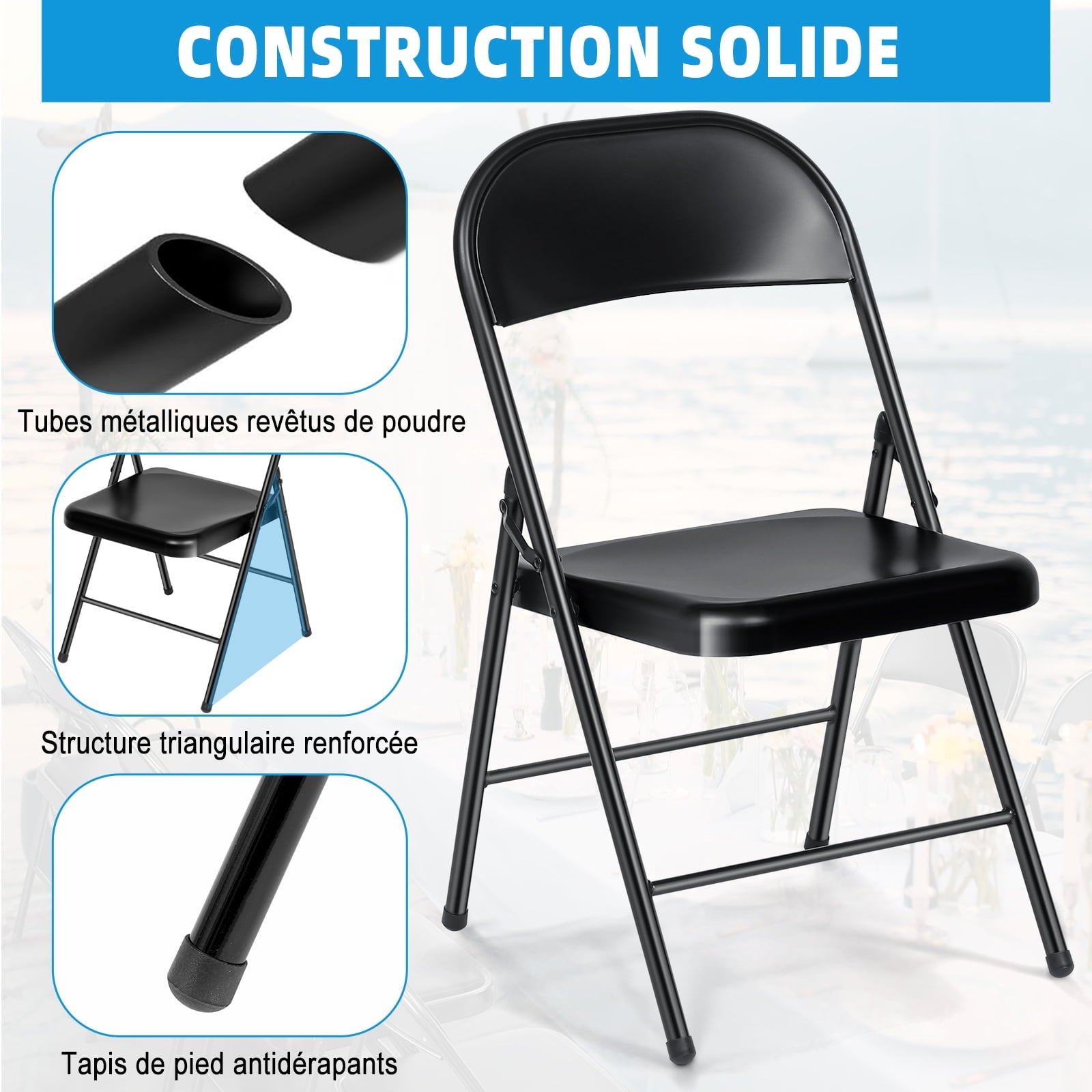 Furnibear 6 Pack Black Plastic Folding Chair, Stackable Seat ,Indoor Outdoor,Black